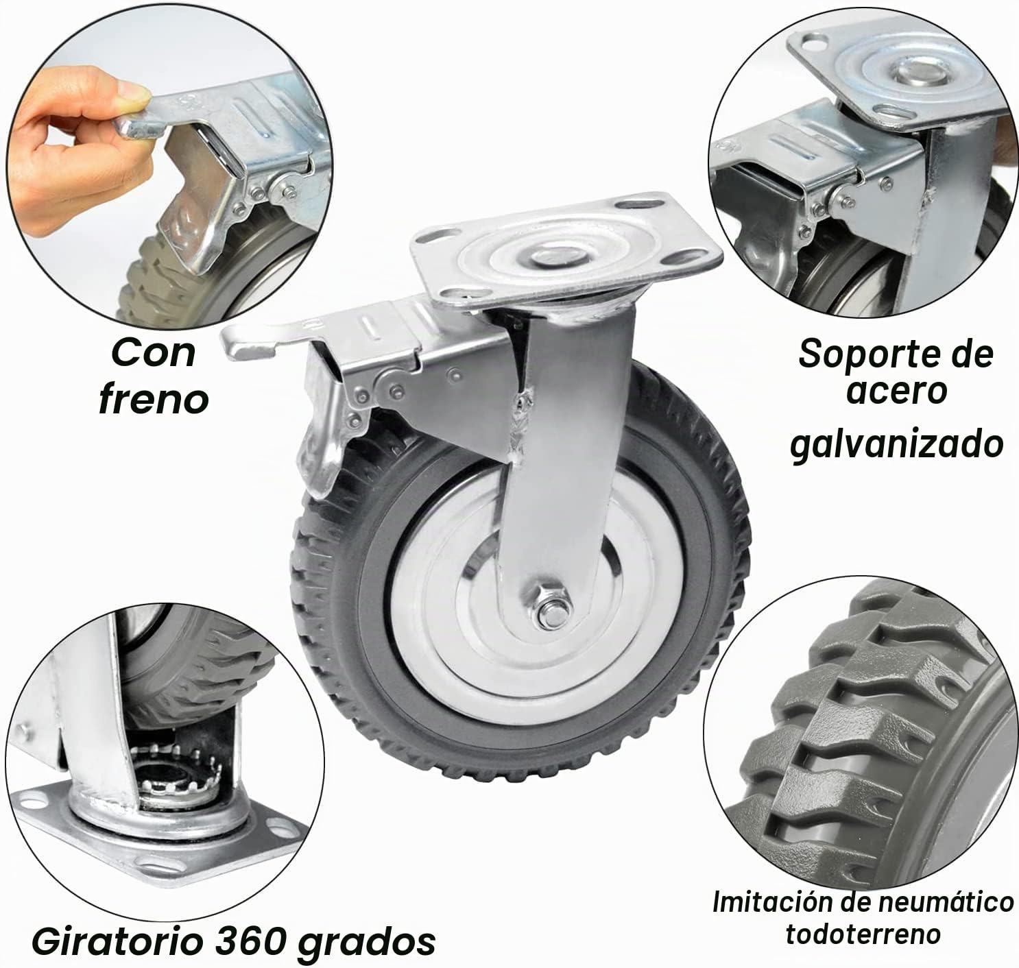 4 ruedas para cargas pesadas, ruedas giratorias de 200 mm con freno, ruedas de transporte giratorias 360°, ruedas de transporte para cargas pesadas, ruedas para muebles, capacidad de carga de 1000 kg