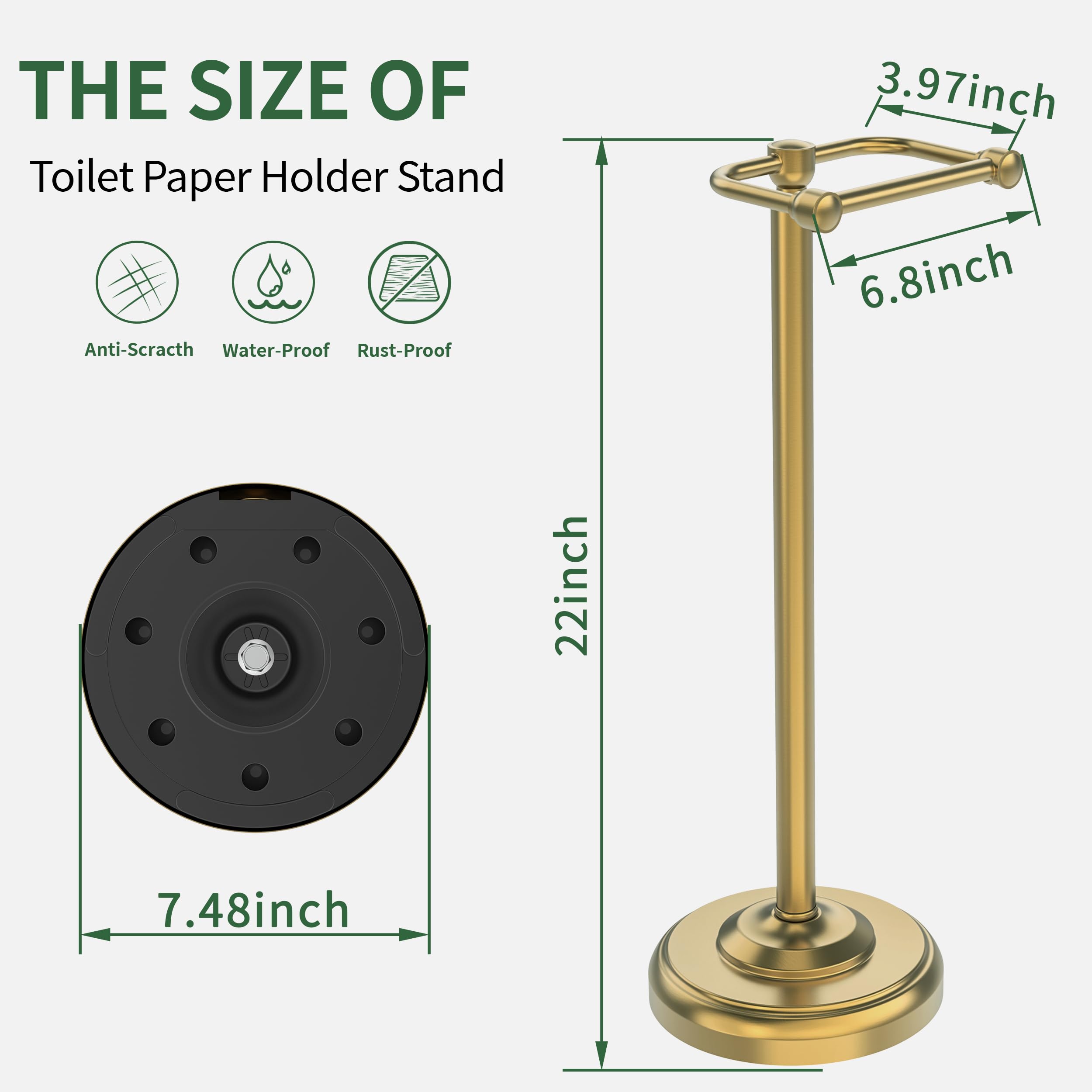 Toilet Paper Holder Stand,Free Standing Toilet Paper Holder,Modern Post Pivoting Toilet Paper Stand with Stable Weighted Base,SUS304 Stainless Steel Tissue Roll Holder Stand for Bathroom,Brushed Gold — Amazon image 4