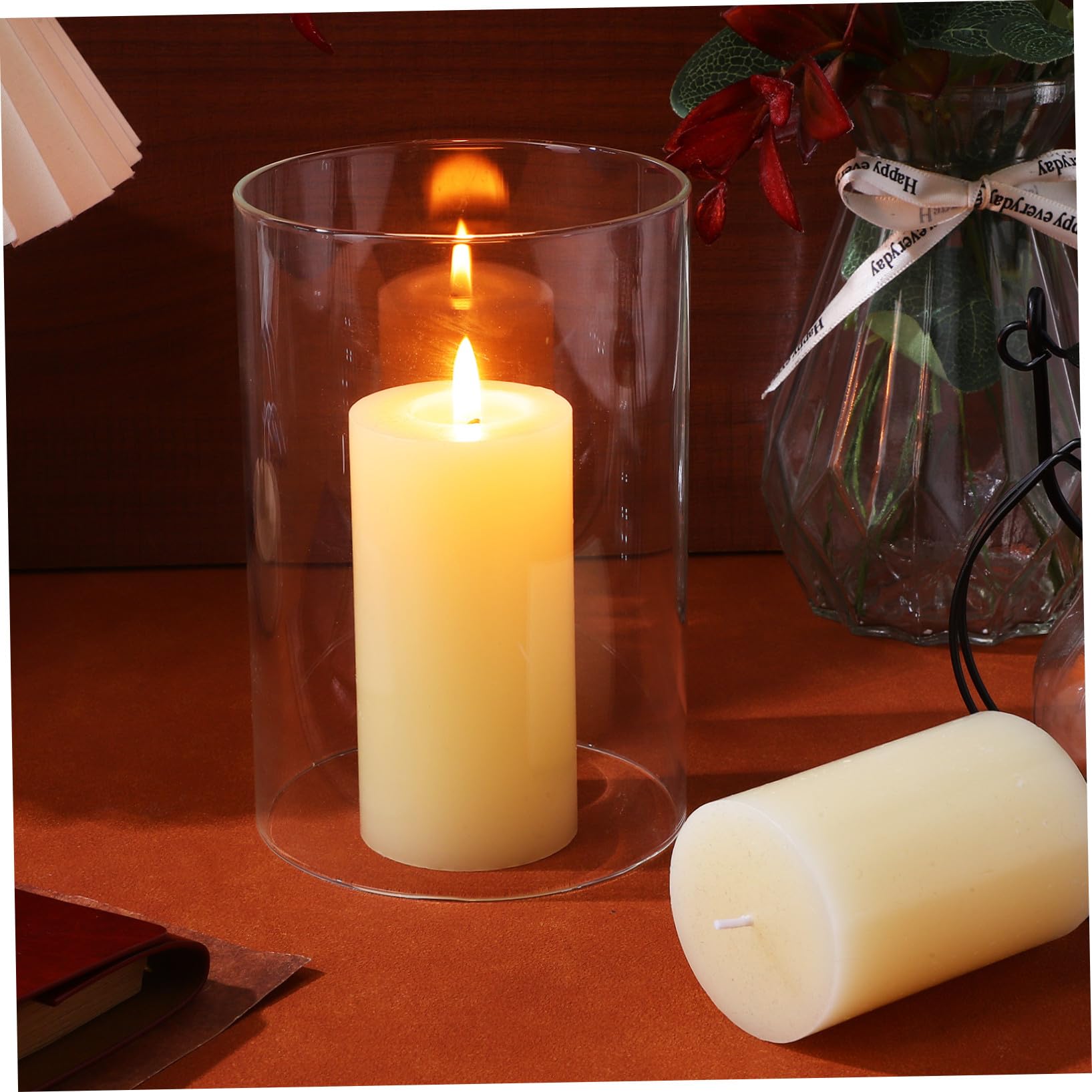 Ipetboom Copri Candela Paralume Trasparente Elegante 2 Pezzi Antivento in Vetro Cilindrico per Proteggere Candele di Grandi Dimensioni, per Decorazioni Romantiche