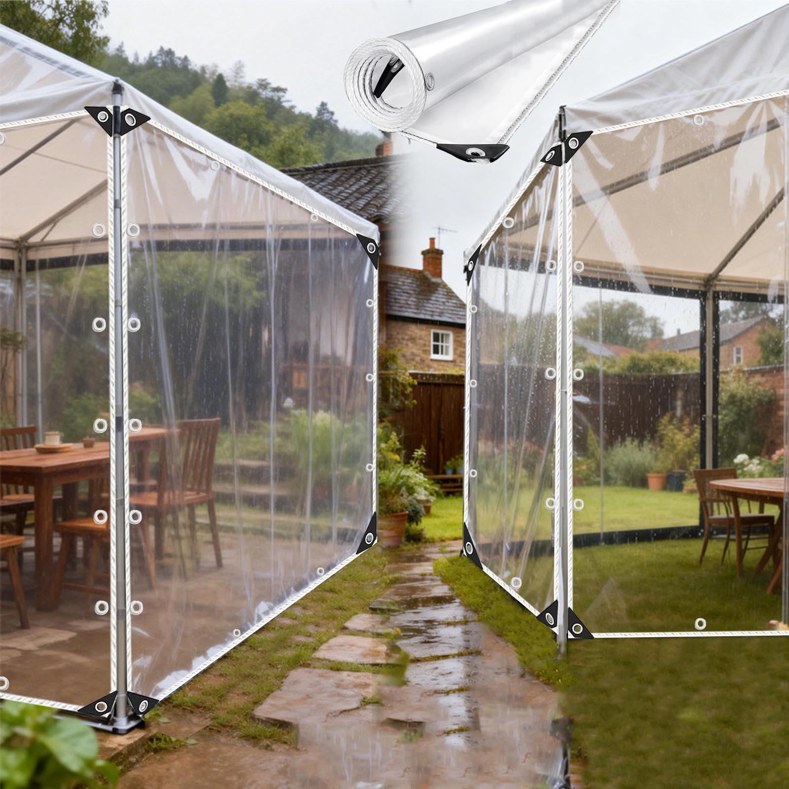 Kooein Lxw Pvc Transparent Rainproof Tarpaulin, 0.3Mm Thick Clear Tarpaulin Side Panel, Waterproof Windproof Plastic Tarpaulin, Foldable Rain Tarpaulin Cover,-4.2X2.7m/13.8X8.9ft
