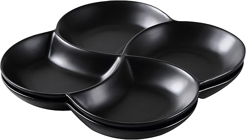 Bruntmor Bandeja apilable de cerámica de 8.5 pulgadas de 4 secciones en color negro  Juego de 2 platos de aperitivos, embutidos, alimentos,