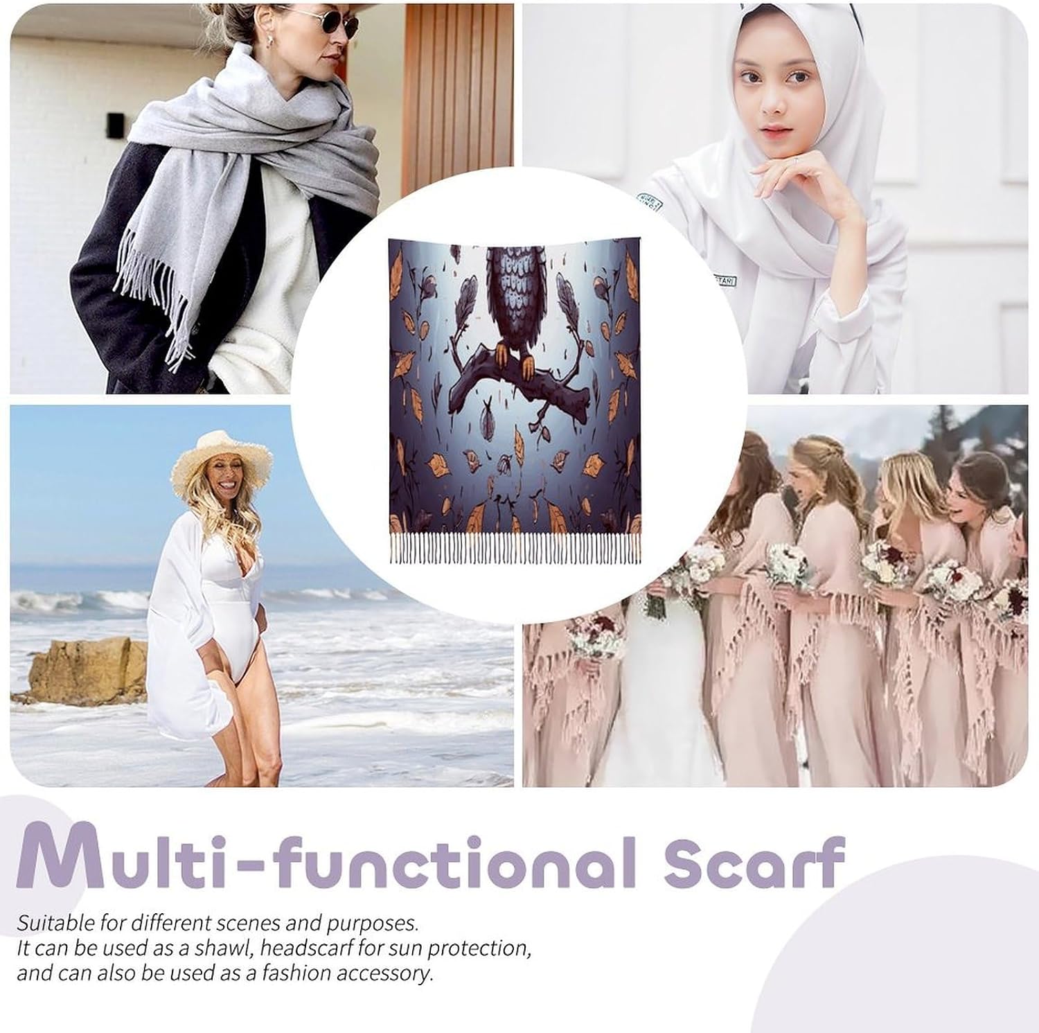 Owl Tree Branches Scarf for Women Men Soft Warm Fashion Blanket Scarves Classic Cashmere Feel Scarf Long Shawl Large Scarves Cold Weather Thick Blanket Scarfs