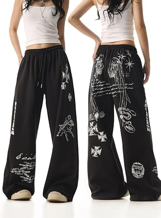 Unisex Y2K Cross Wing Letter Print Vintage Gothic Hip Hop Wide Leg Pants