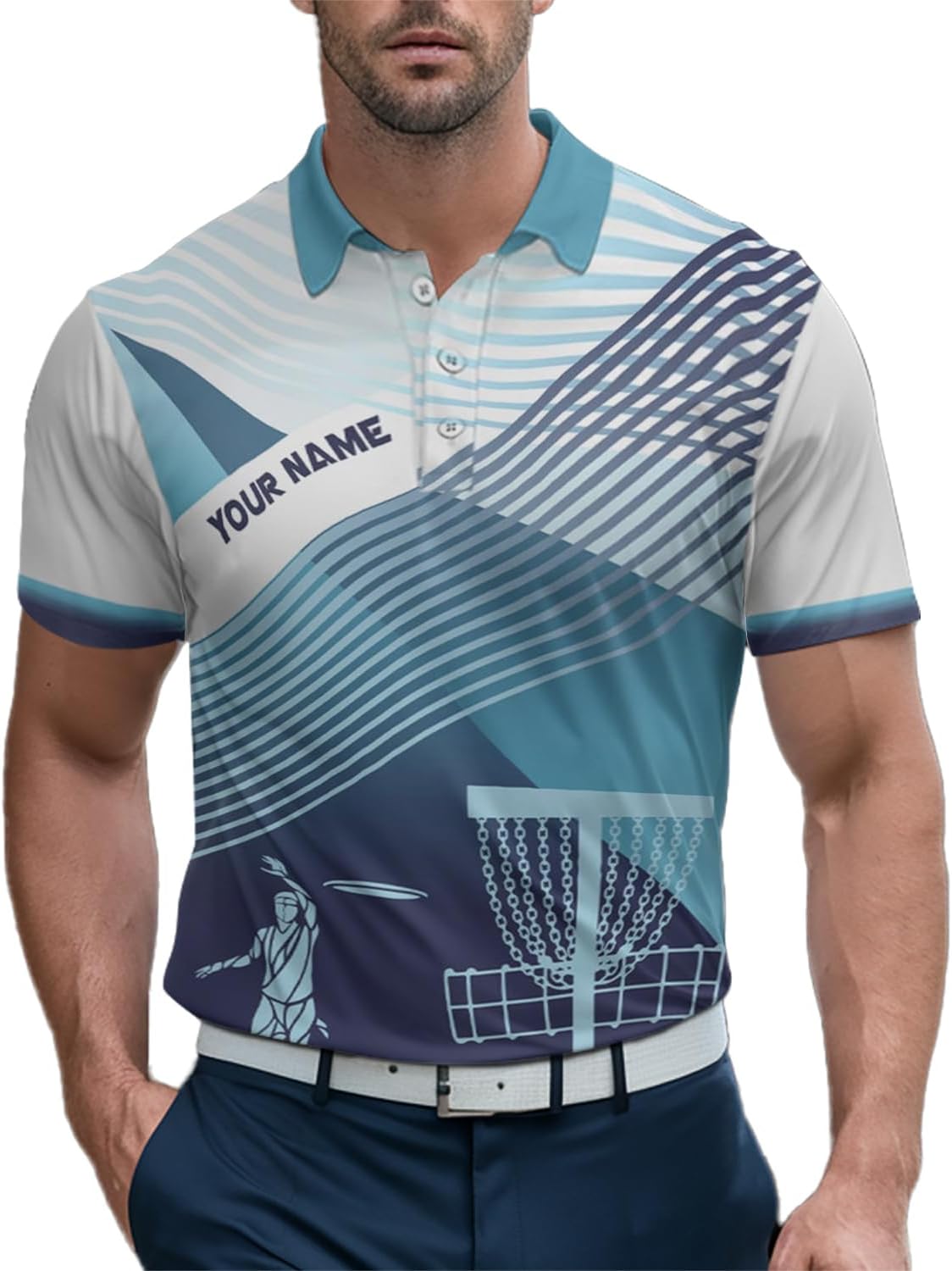 Personalized Women's Disc Golf Polo Shirt - Cool White & Blue Silhouette Design Performance Golf Polo Shirt Personalized L0609