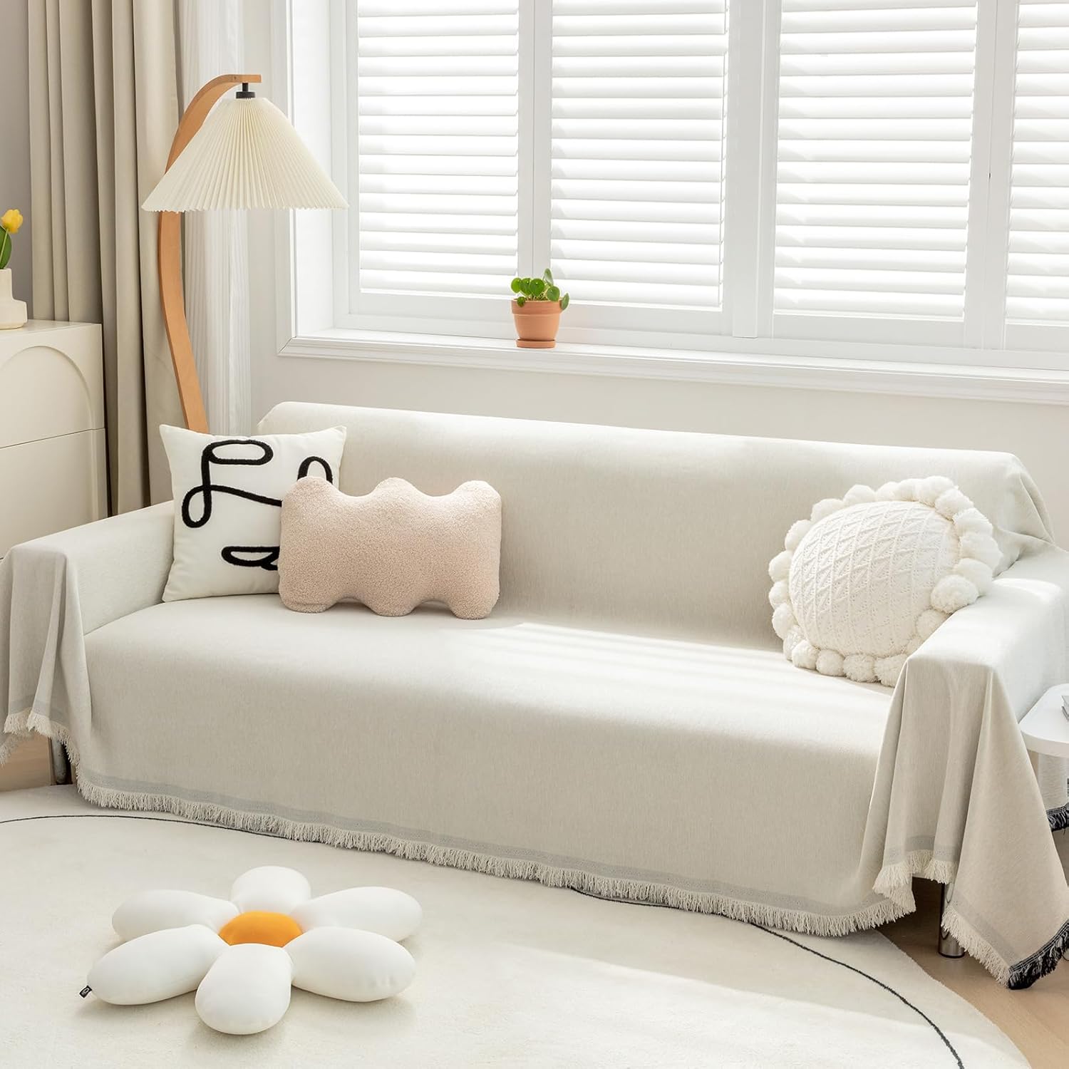 Foreate Extra Wide 91"x150" Chenille Sofa Cover Water Resistant Sofa Covers Washable Sectional Couch Covers for 2 3 Cushion, Tassel Edge Durable Couch Protector for Dogs (Beige, 91"x150")