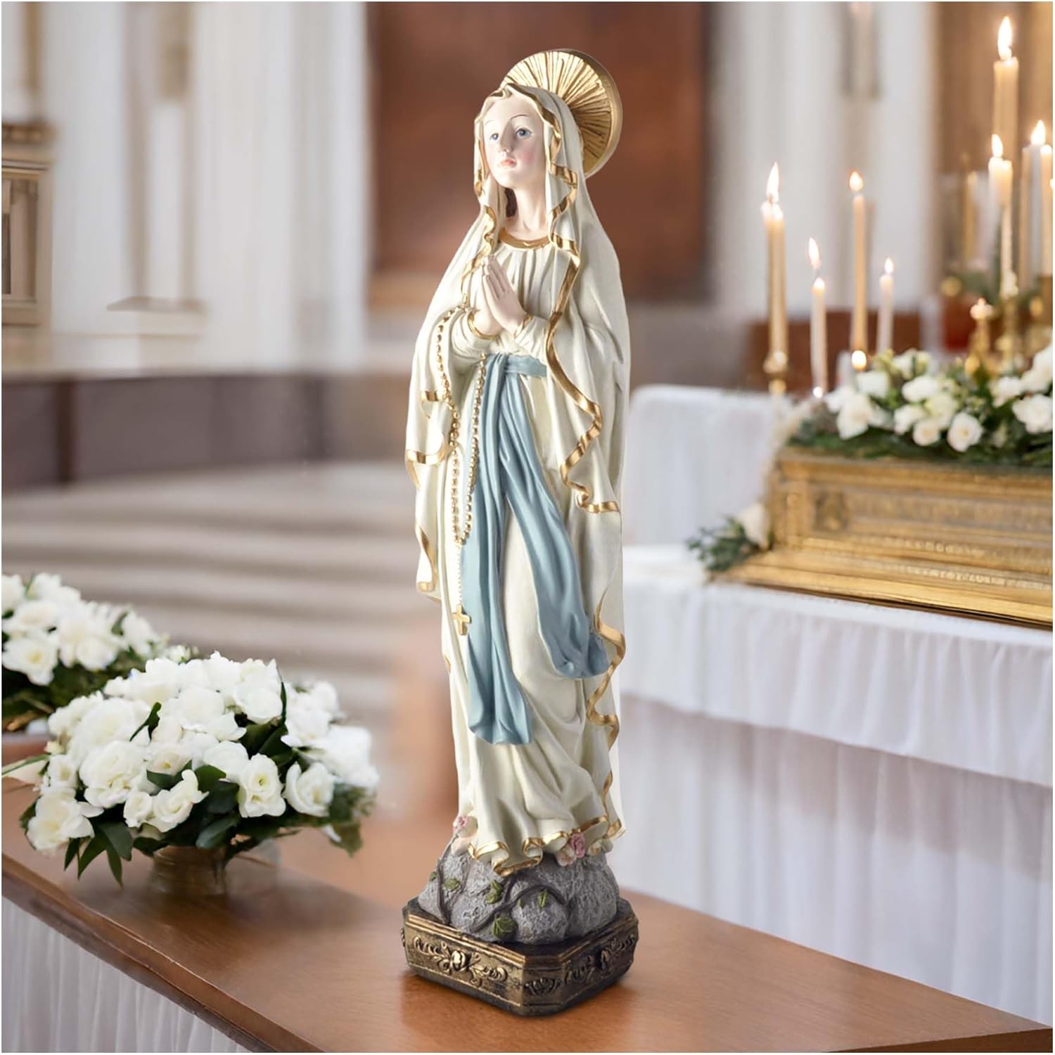 15" Our Lady of Lourdes Statue – Praying Virgin Mary Figurine on Stone Base, Hand-Painted Resin Religious Decor for Indoor Outdoor Use, Catholic Gift for Home, Church, or Mom