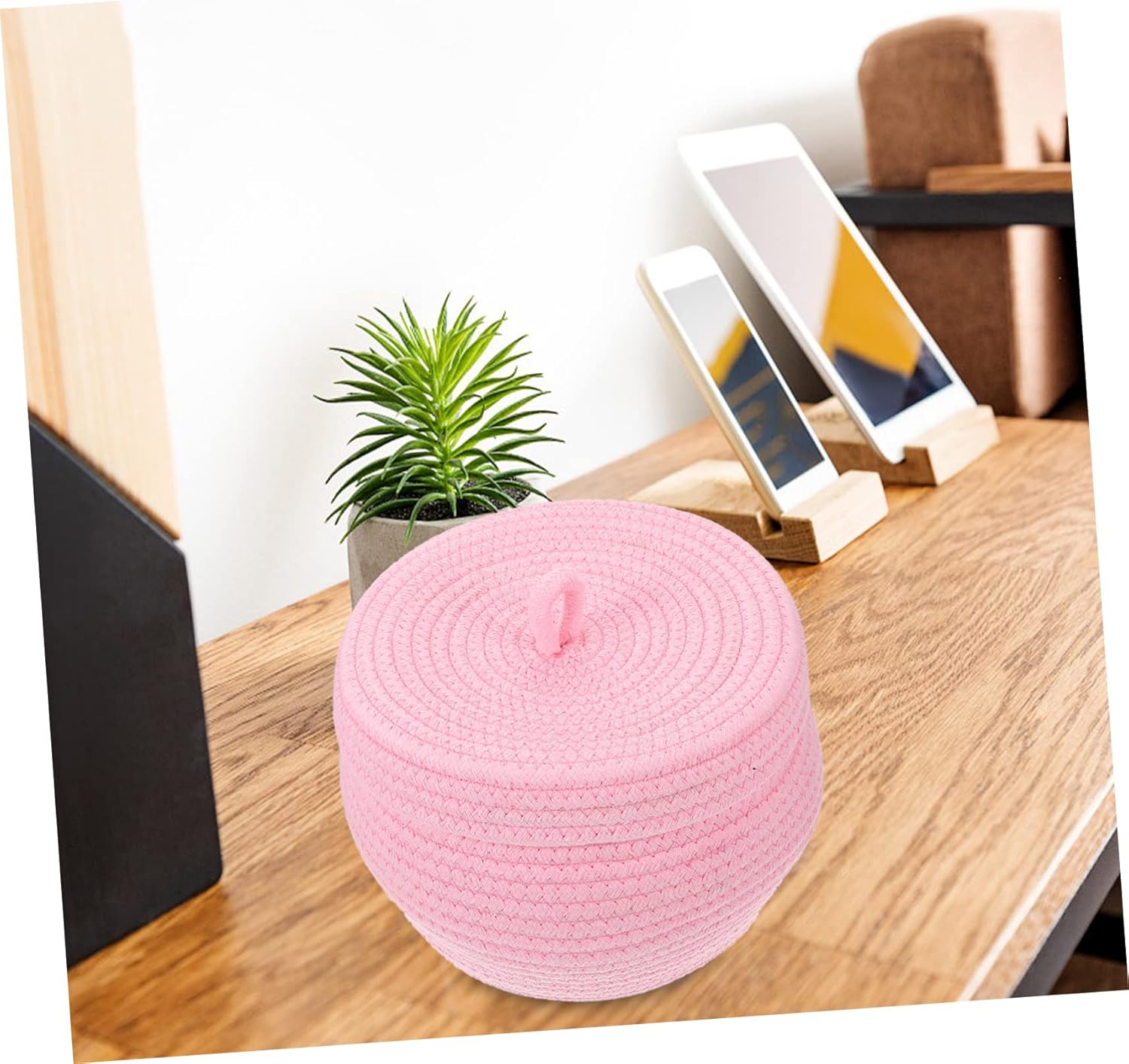 1pc Woven Storage Basket with Lid Decorative Cotton Rope Basket for Home Organization Versatile Sundries Storage Box for Desktop Nursery Minimalist Design Pure