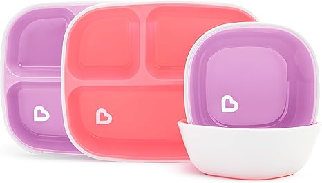 Munchkin® Splash™ 4 Piece Toddler Divided Plate and Bowl Dining Set, Pink/Purple