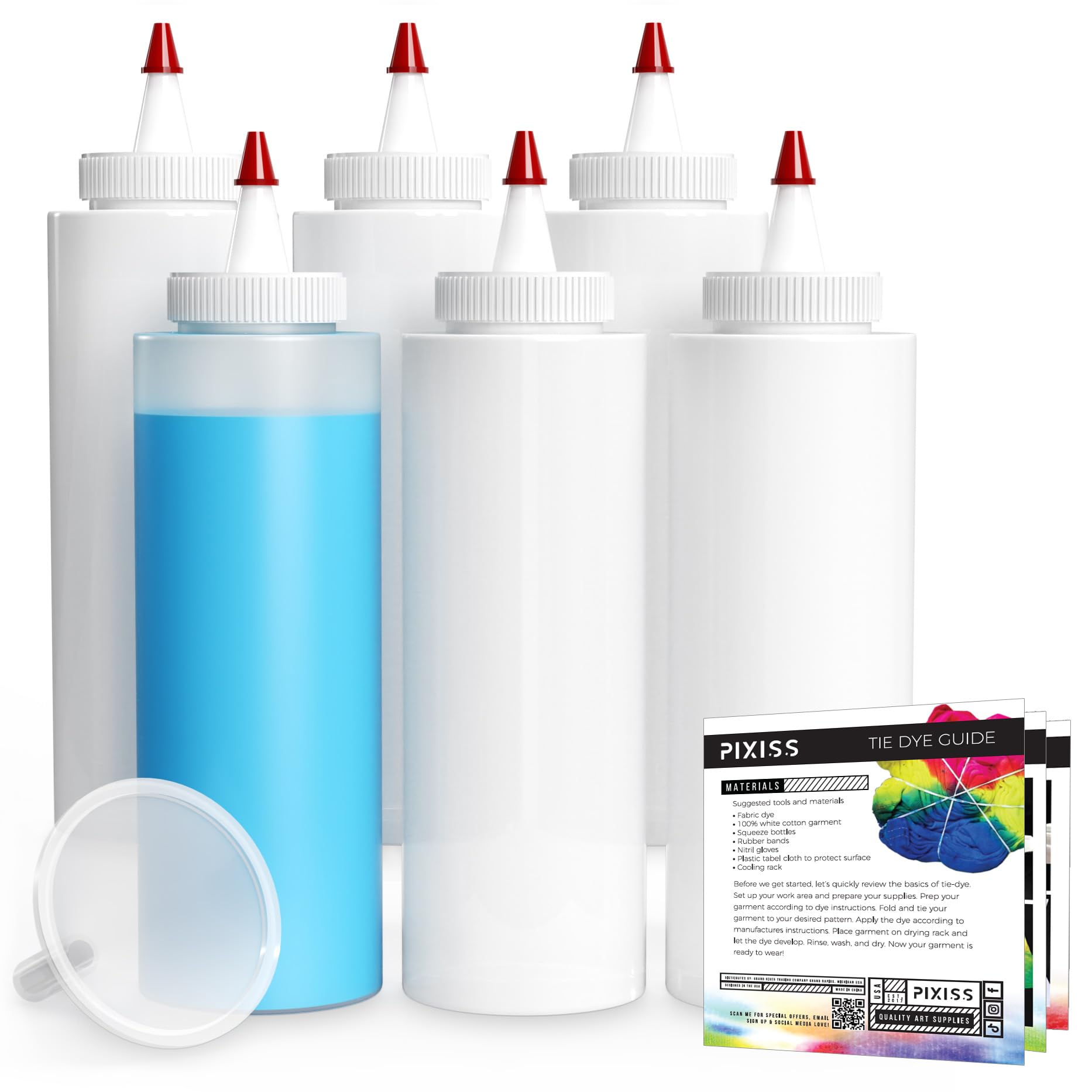 Pixiss Tie Dye 8oz Squeeze Bottles (6 Pack) with 2" Funnel - Precise Dispenser for Arts and Crafts - Perfect for Liquid or Powdered Dyes, Includes Basic Tie Dye Patterns Guide