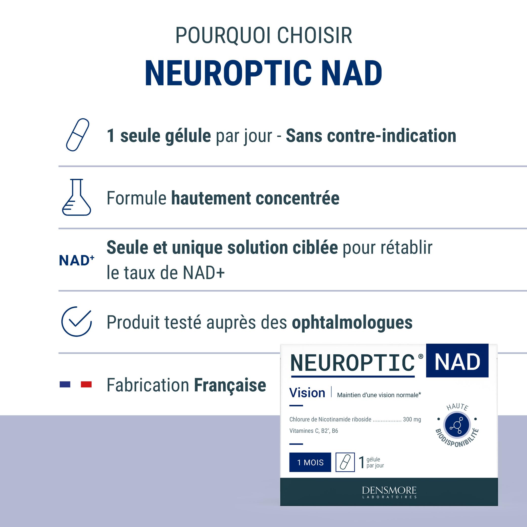 NEUROPTIC NAD - 300 mg Nicotinamide riboside - Rétablit le taux de NAD+ - Santé visuelle - Vitamines C, B2 et B6 - Complément alimentaire - 30 gélules - 1 mois