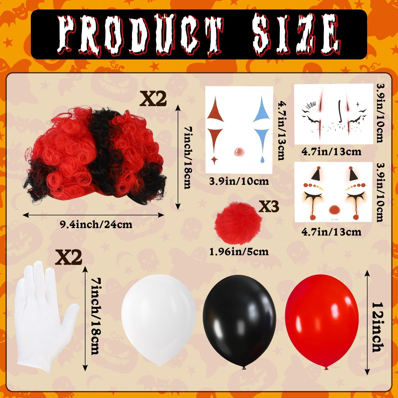 13 Pcs Women's Horror Clown Halloween Costume Accessories Gloves Balloons Clown Red Black Hair Clip on Puff Buns Pompoms Face Stickers Tattoos Role Playing Party Events Halloween Horror Atmosphere