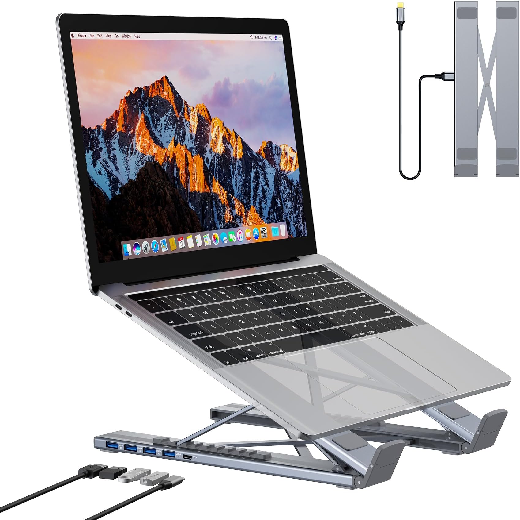 5-in-1 USB C Hub Adjustable Aluminum Laptop Stand, 4-Port USB A 3.0 with 5Gbps Data Transfer USB C Hub Docking Station [Charging Not Supported] for MacBookPro/Air/Dell/HP/Lenovo