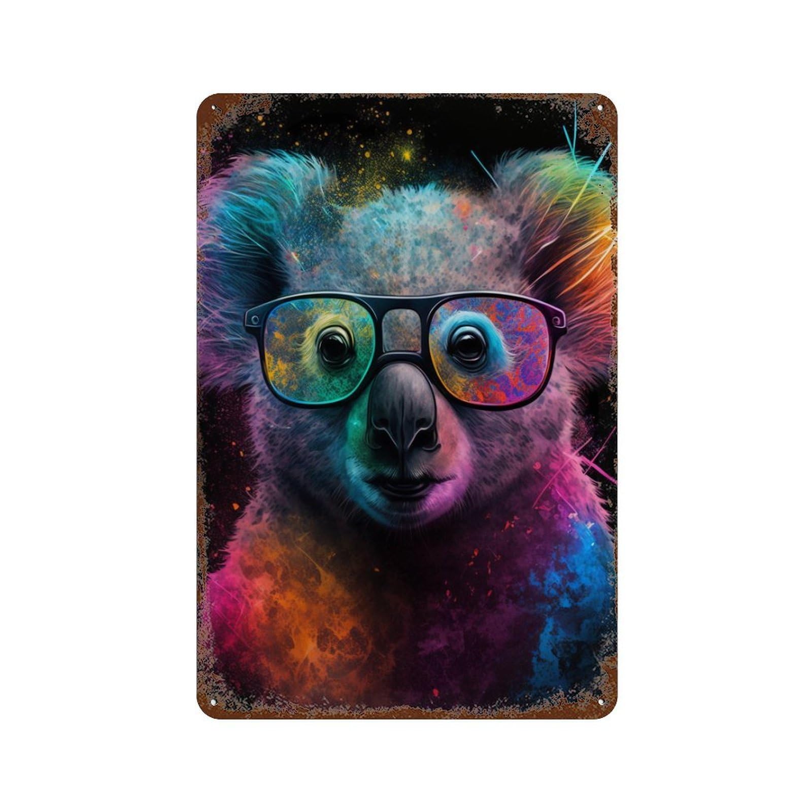 Decorative Tin Sign with Colorful Koala with Glasses Design 11.8"x7.9", for Basement, Hobby Room And Garage Decor, Farmhouse Wall Decor