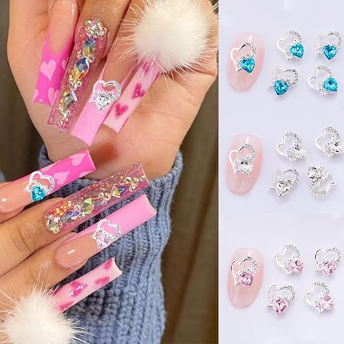 Miniatura 3 de 12 dijes plateados de corazón para uñas, aleación 3D, diamantes de imitación de San Valentín para uñas, dijes de arte de uñas con diamantes de