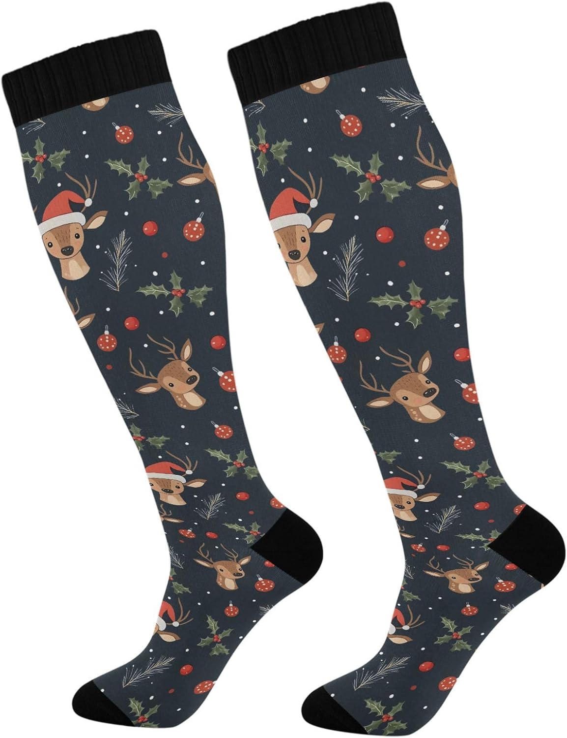 Christmas Reindeer Compression Sock for Women Men Knee High Socks Circulation Long Socks for Running Travel, 1 Pack