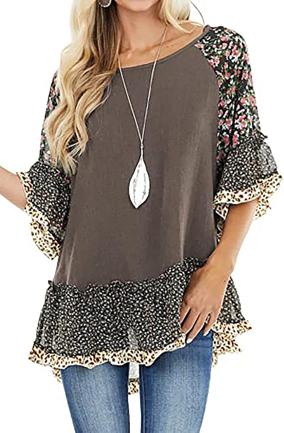 CASURESS Women's Floral Printed Ruffle 3 4 Sleeve Shirt Batwing Loose Tops Blouses Pullover - Image 4