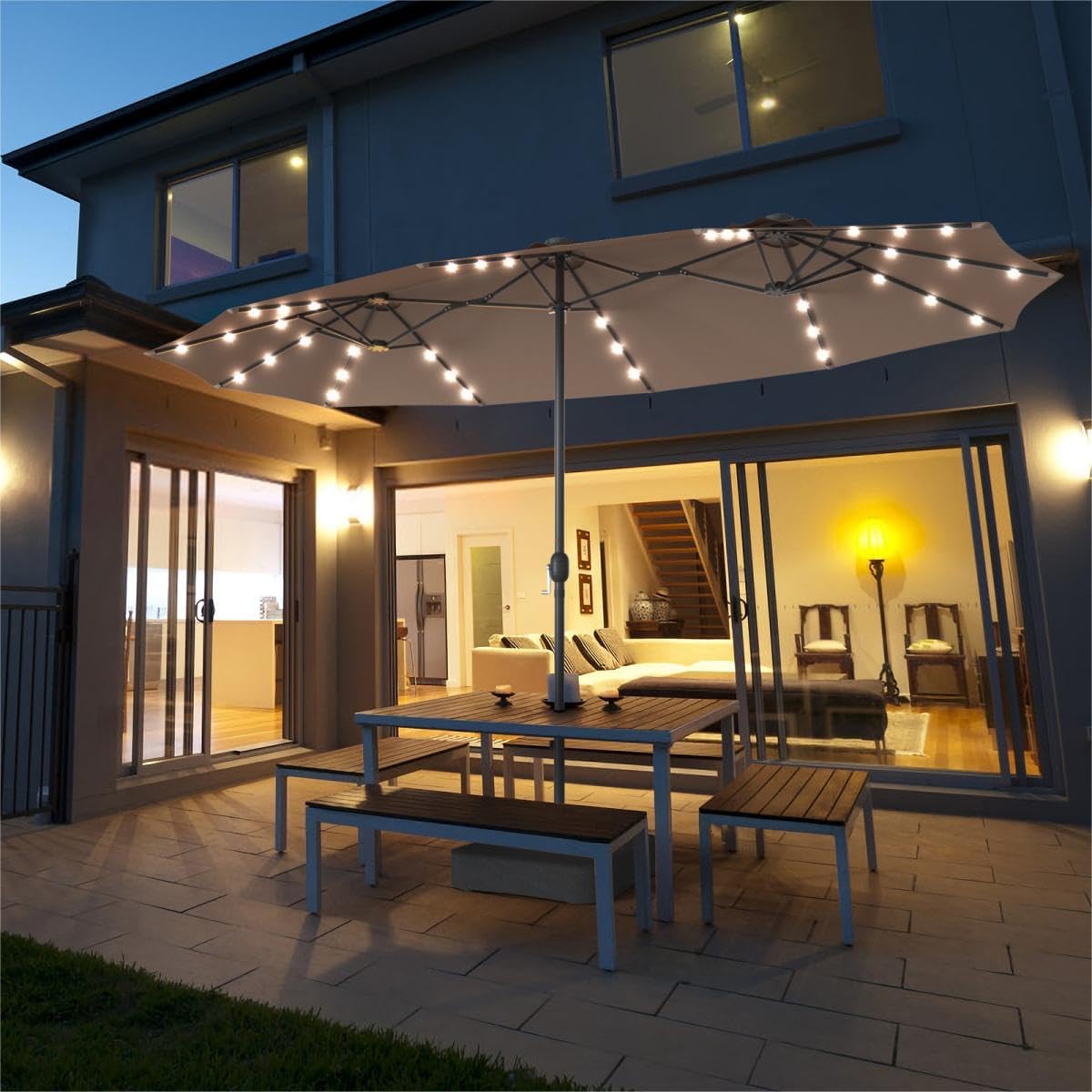 DREAMADE 15 ft Double-Sided Patio Umbrella w/Base Included, Large Outdoor Umbrella w/ 48 Solar Lights, Market Umbrella w/ 12 Sturdy Ribs & Crank System for Patio, Poolside, Garden, Beach
