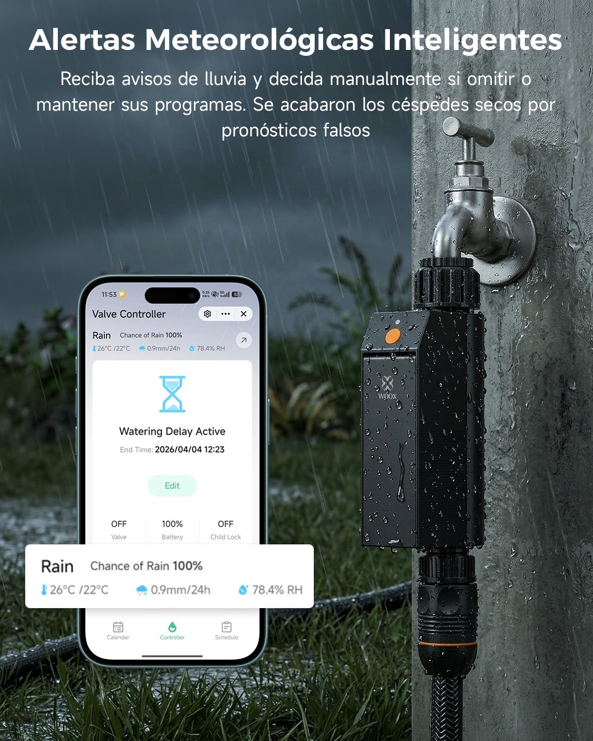 WOOX Programador de Riego WiFi Inteligente, Sin Hub Requerido 2,4GHz Controlador de Riego, App/Control por Voz, IP65 Impermeable Temporizador de Riego Automático con Retraso por Lluvia & Riego Manual