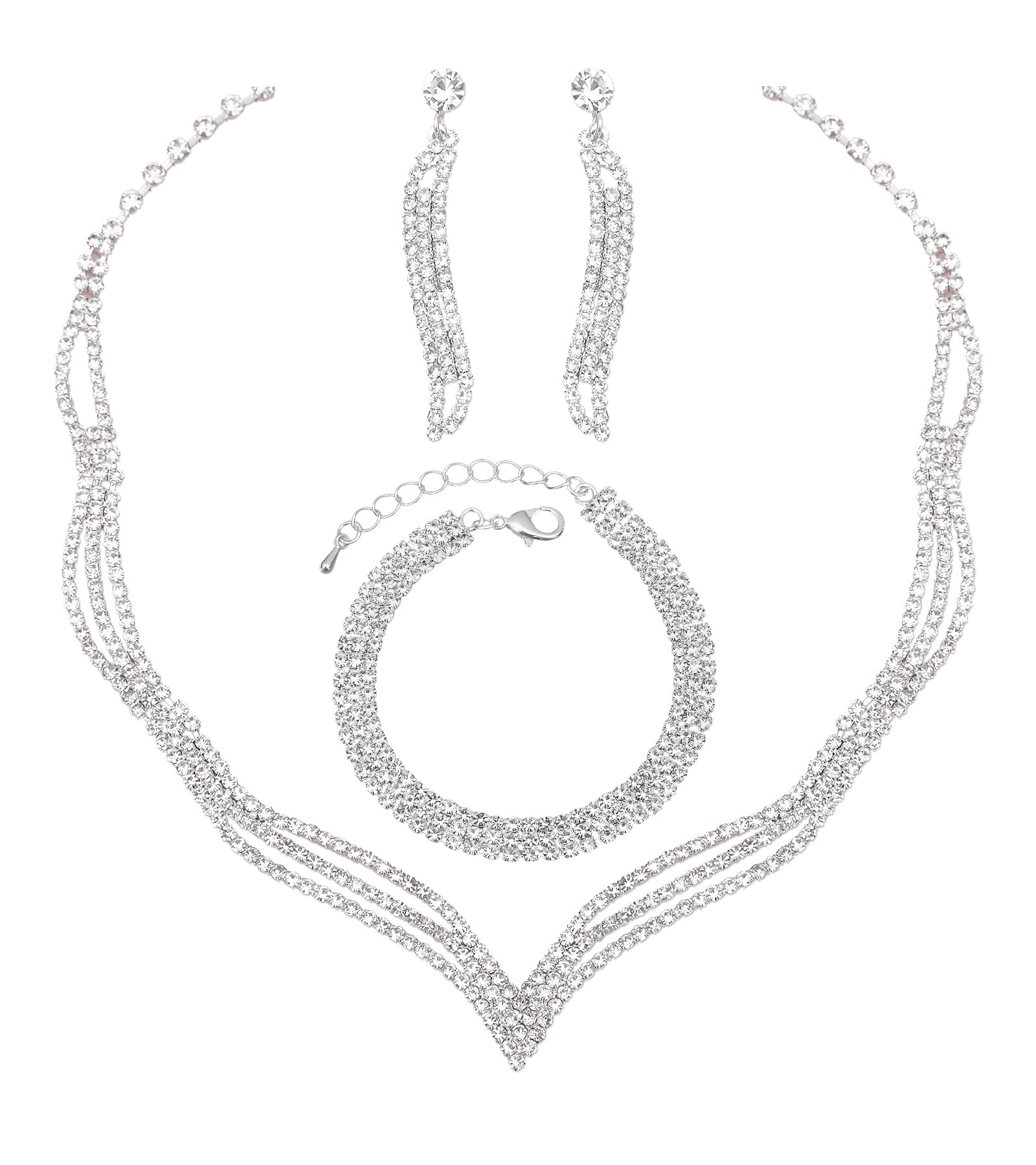 CSY Elegant Silver Bridal Jewelry Set for Bridesmaid Brides Wedding Necklace Dangle Earrings Link Bracelets Sets Prom Party Formal Costume Accessories Jewelry Gift Women