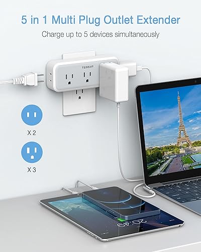 Miniatura 2 de TESSAN - Extensor de toma de corriente múltiple, divisor de enchufe de pared con 5 enchufes eléctricos, adaptador de enchufe múltiple para viajes,