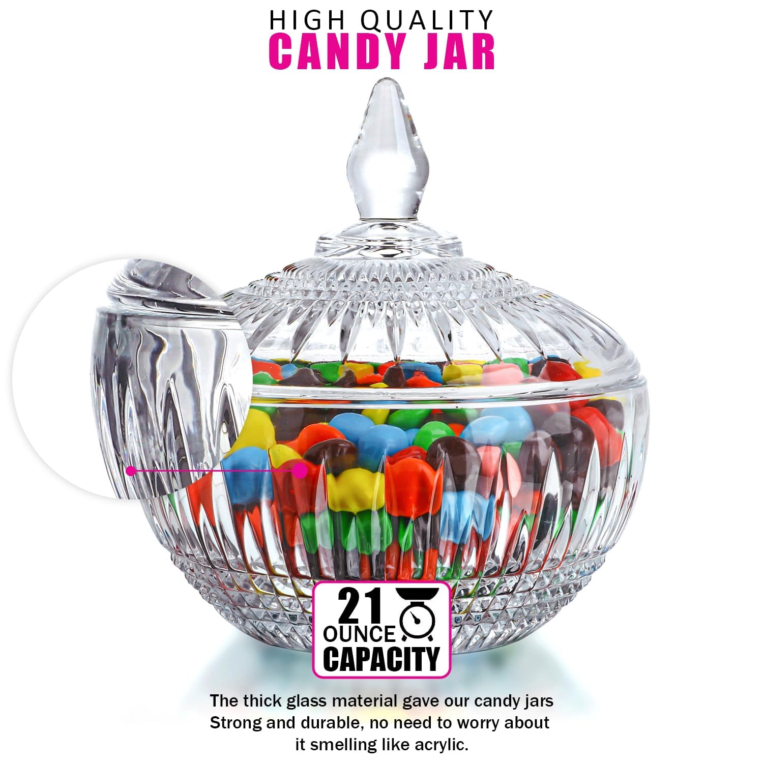 600 ml/21 oz Grande piatto di vetro per caramelle con coperchio, barattolo di vetro trasparente con coperchio, barattolo decorativo per buffet, feste, matrimoni, decorazione della casa, lavabile in