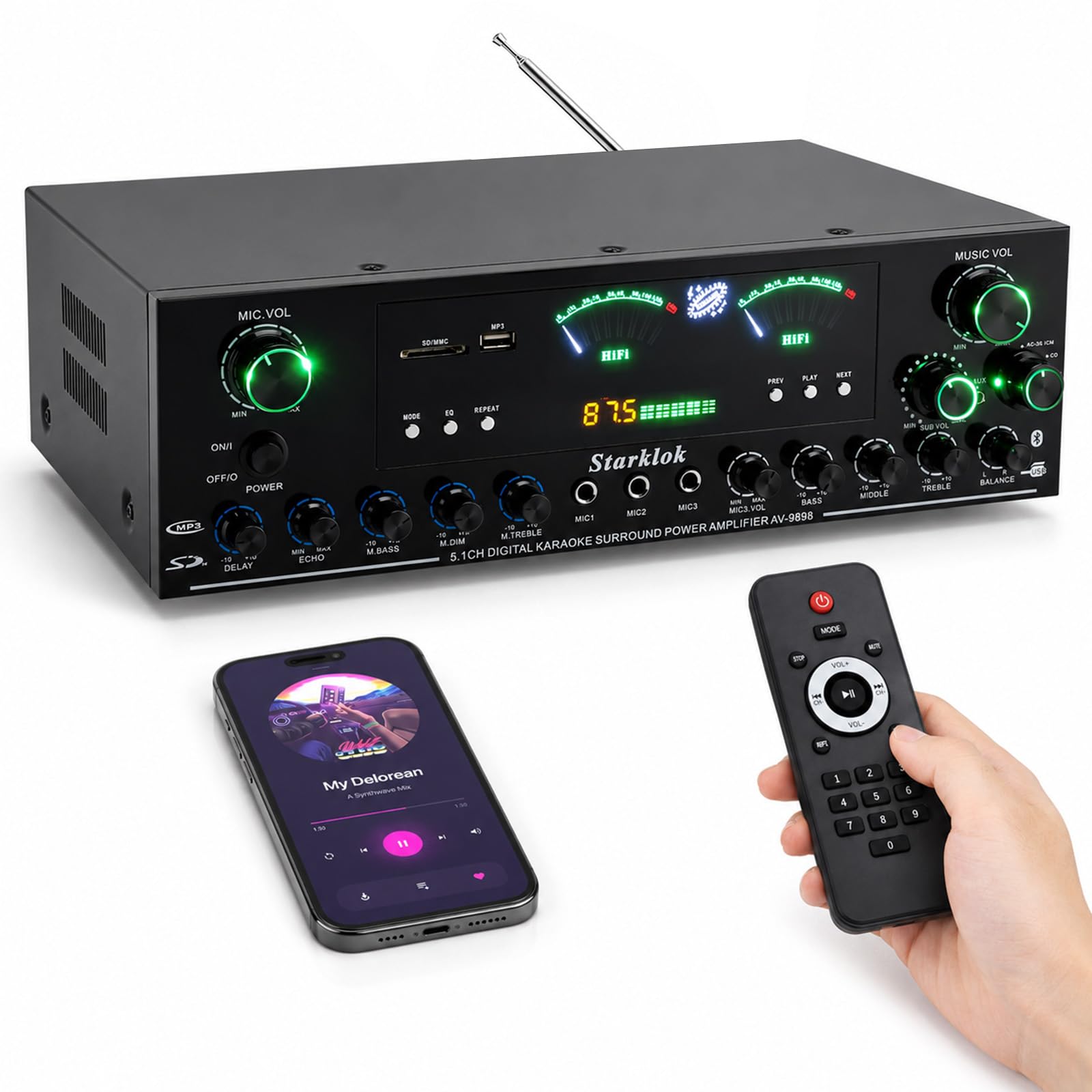 Amplificatore stereo HiFi da 3000 W, amplificatore stereo 5.1 canali, 3 ingressi microfono, Bluetooth 5.0, USB/FM/SD LED, controllo app, RCA, fibra ottica/ingresso coassiale per karaoke