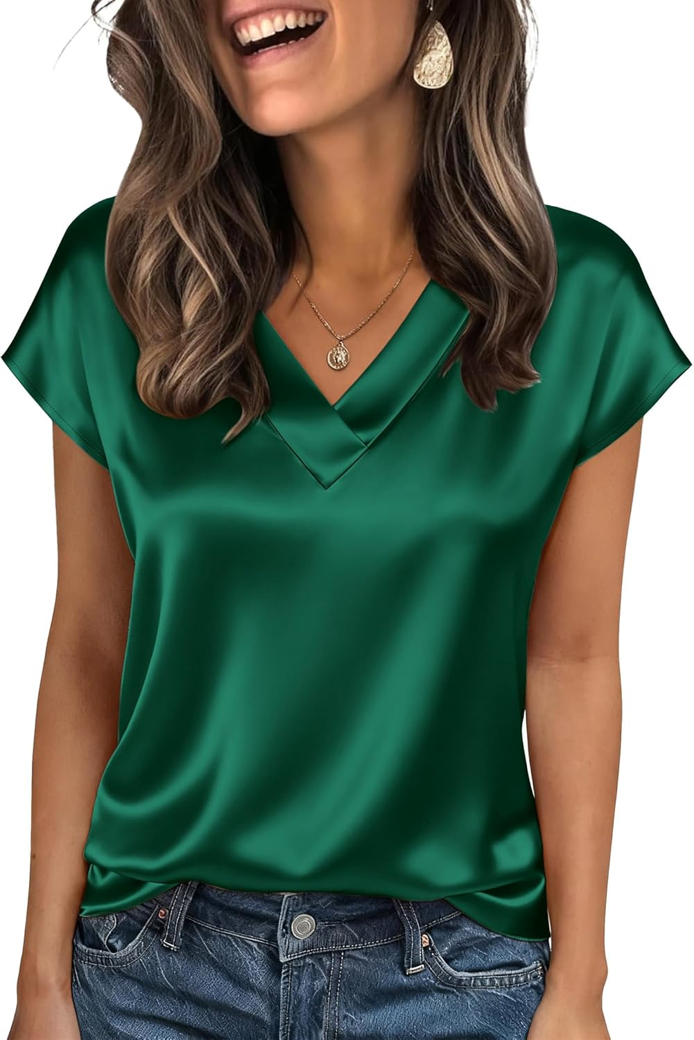 Zeagoo Women Silk Satin Tops Cap Short Sleeve Blouse V Neck Shirts Business Casual Outfits S-2XL