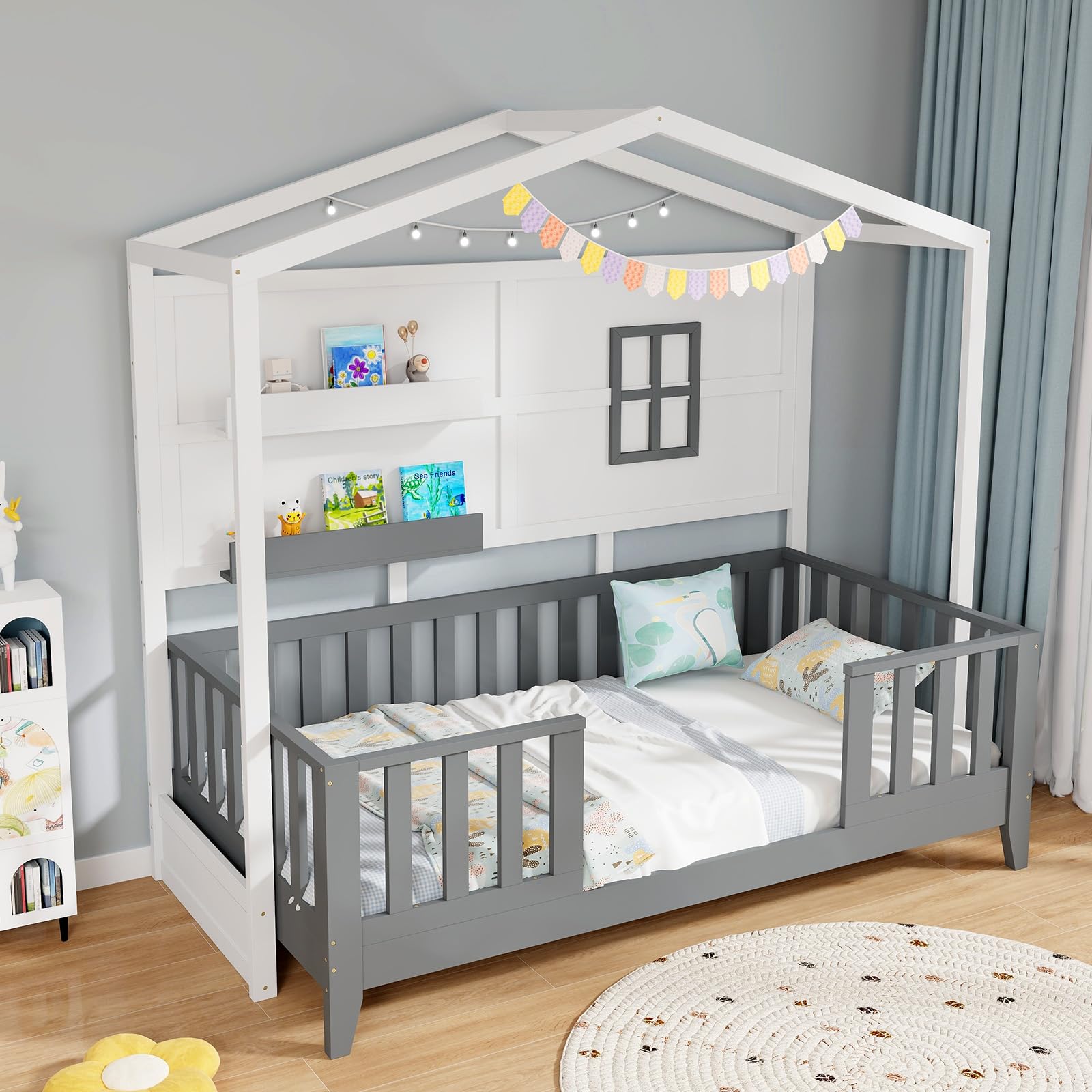 GYMAX Struttura Letto per Bambini, Carico 180 kg, Letto Singolo Montessori a Terra con Recinzione, 18 Doghe in Legno e 2 Mensole di Stoccaggio, Letto a Piattaforma in Stile Casetta, 206 x 97 x 192 cm