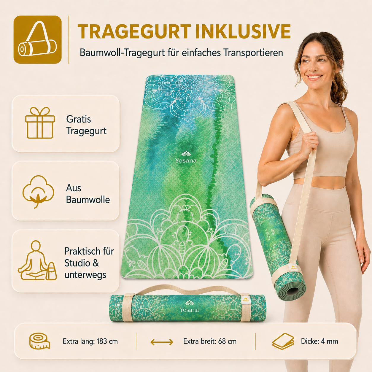 Yogamatte aus Naturkautschuk I Hot Yoga Mikrofaser Matte I Bikram Yogamatte Maschinenwaschbar I Ying Yoga Matte I Yogatuch und Matte in einem I feucht besonders rutschfest I 183 x 68 cm I 4mm