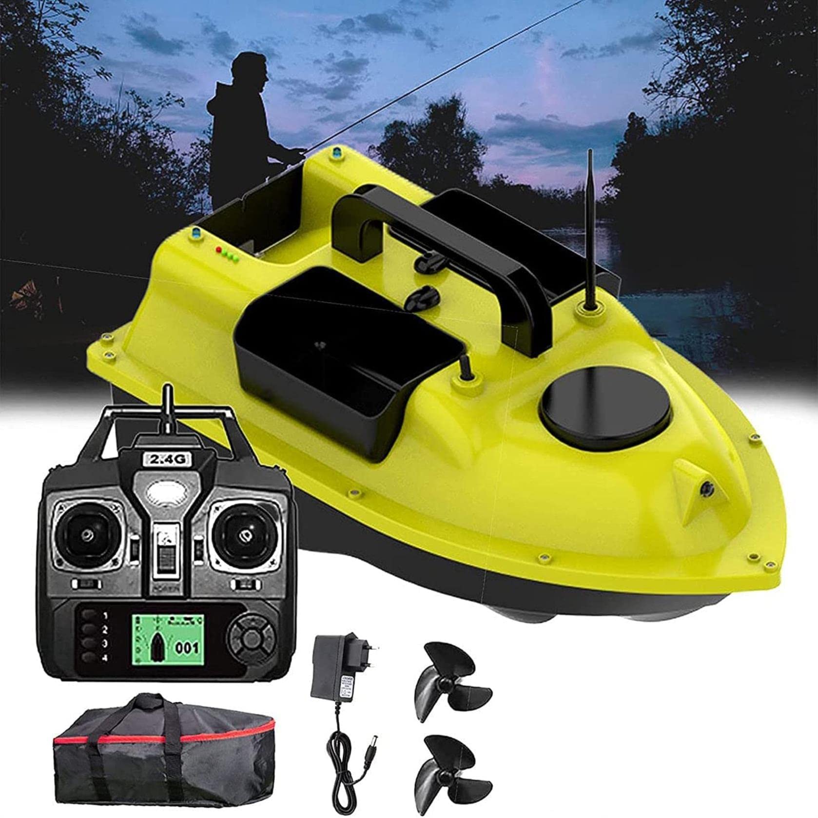Bateau d'appât radiocommandé avec réservoirs de 2 kg et fonction Fish Finder intégrée