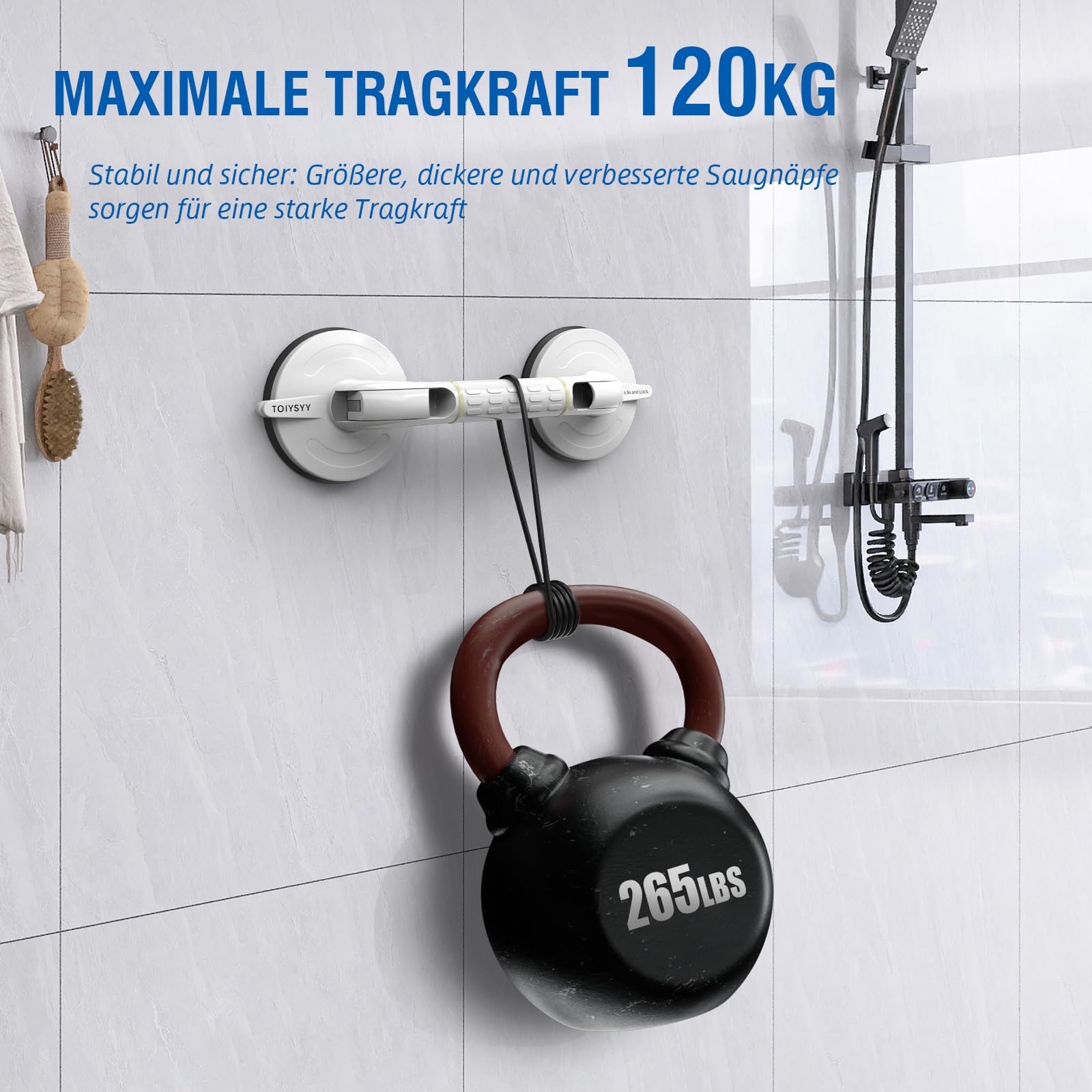 Asa con ventosa, asas para personas mayores, 38 cm, con señal de seguridad, ventosa máx. 120 kg, sin taladrar, instalación en 5 segundos, con señal de seguridad (1)