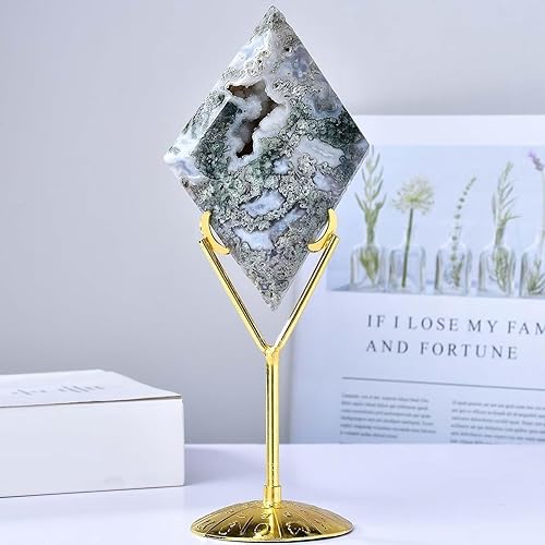 Miniatura 2 de FZBHRO Piedra romboide de ágata musgo decorativa con bloque de cristal curativo con soporte, decoración para el hogar y la oficina, regalos únicos,
