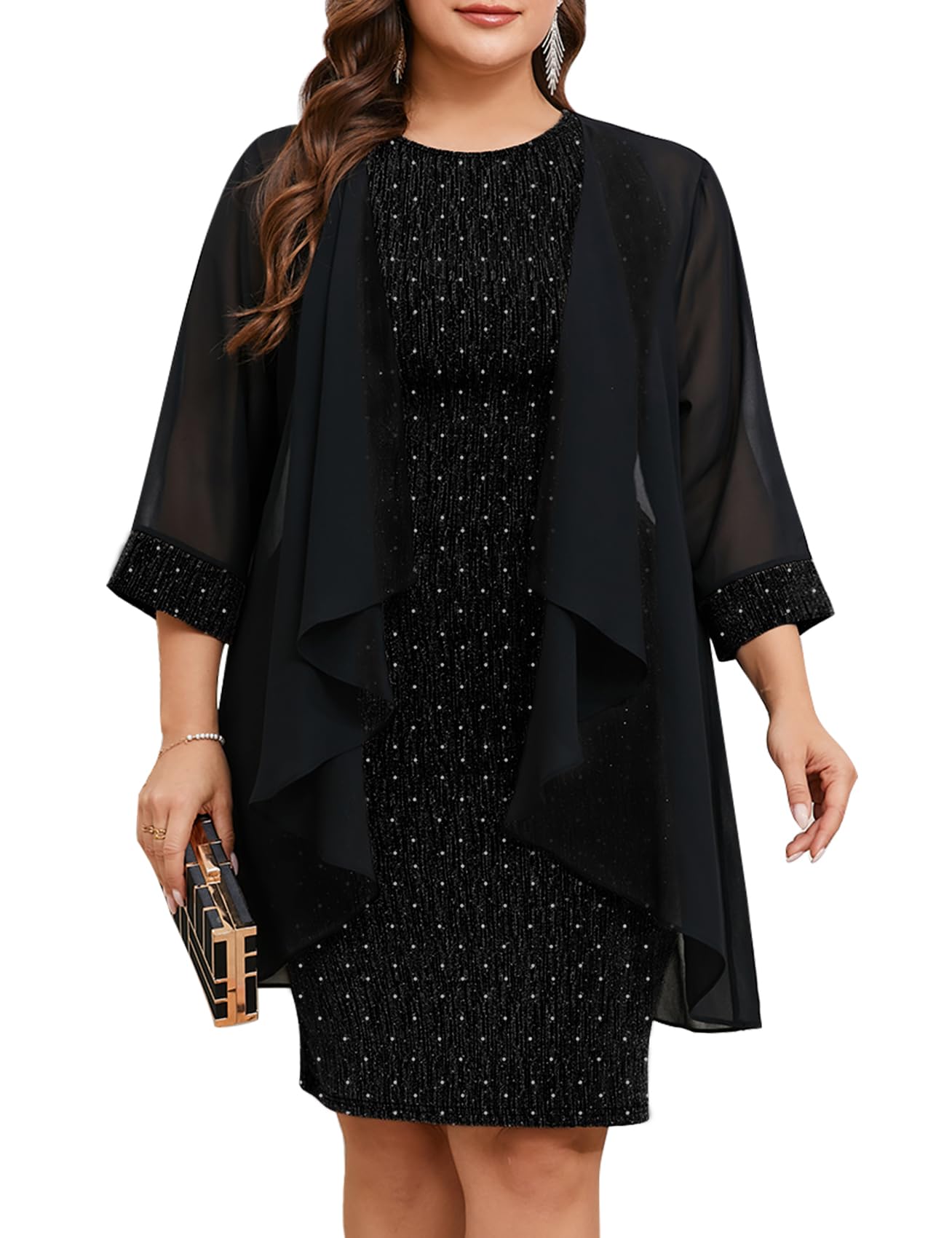 ZOMVA Plus Size Sparkly Formal Dress Suit 2 Piece Mother of The Bride Groom Chiffon Jacket Outfit Cocktail Evening
