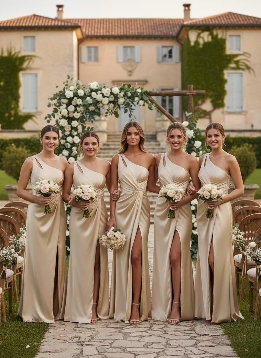 Satin Mermaid Bridesmaid Dresses with Slit One Shoulder Pleated Long Formal Wedding Party Dress BD017