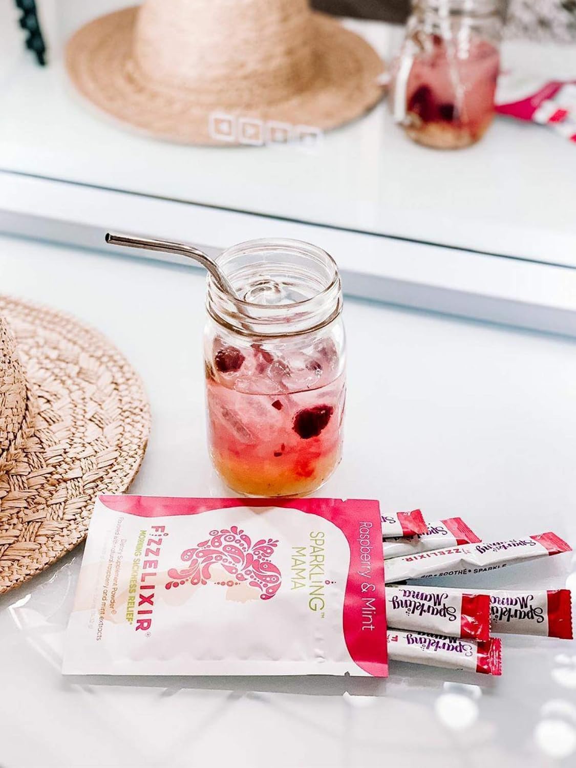 Sparkling Mama Fizzelixir | USA Made. Effervescent Drink Mix Settles The Stomach Ideal for Pregnancy Especially 1st Trimester (Vitamin B6, Magnesium & Folic Acid), (Raspberry Mint (8 Sticks))