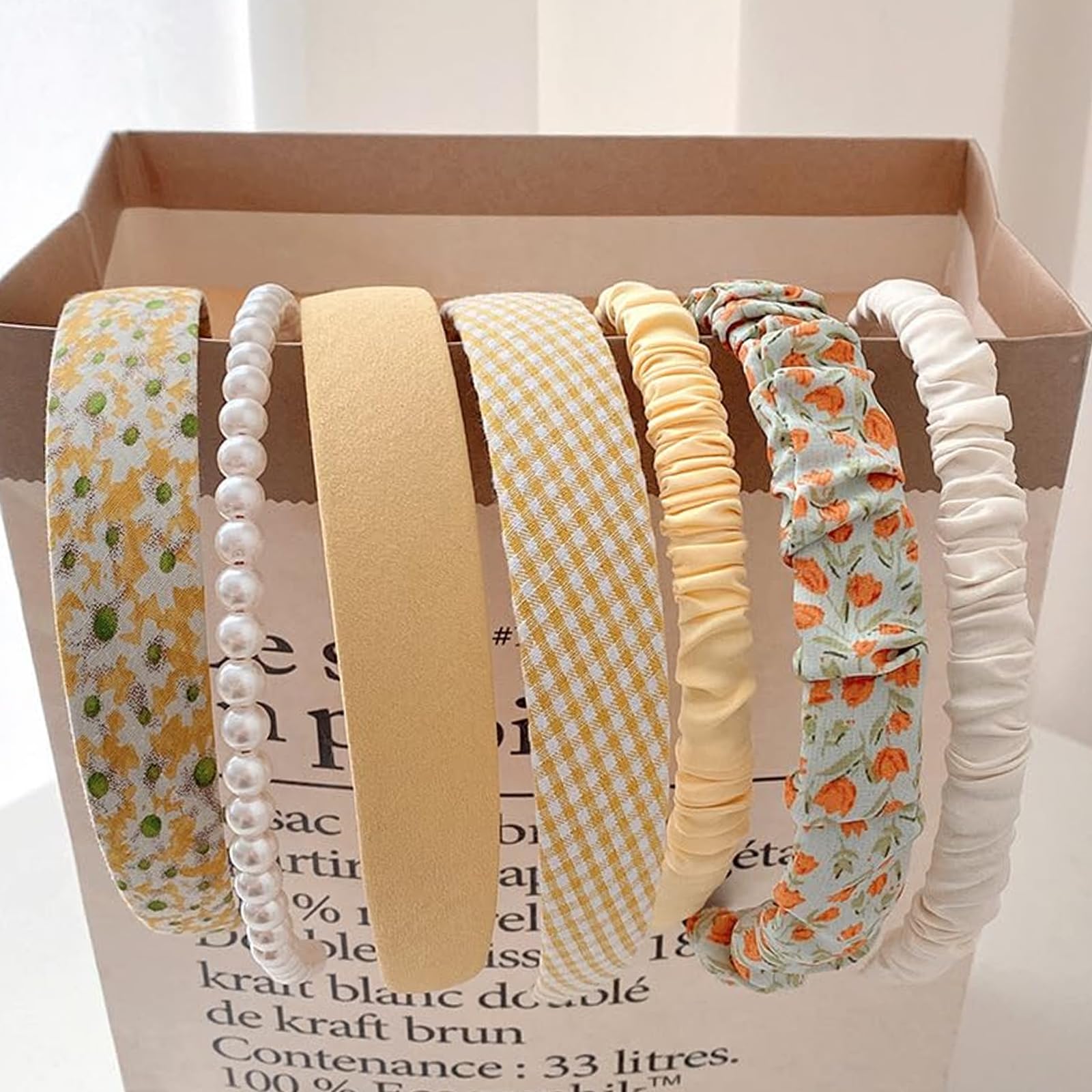 Teouuas 7 Stück Haarreifen Mädchen, Haarreifen Set Damen, Verschiedene Modelle, Perlen Stirnbänder, Stirnbänd Kunststoff Haarreif Stirnbänder, für Mädchen Damen Haarschmuck (Gelb)