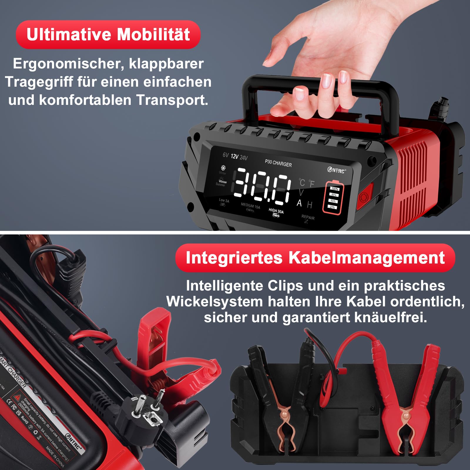 HTRC 6V/12V/24V Autobatterie Ladegerät, 30A Ladegeräte für Autobatterien, Batterieladegerät KFZ für Auto, Motorrad, Rasenmäher, Boot, Lithium, LiFePO4 und Blei-Säure(AGM, Gel, MF, EFB, SLA, VRLA, Wet)
