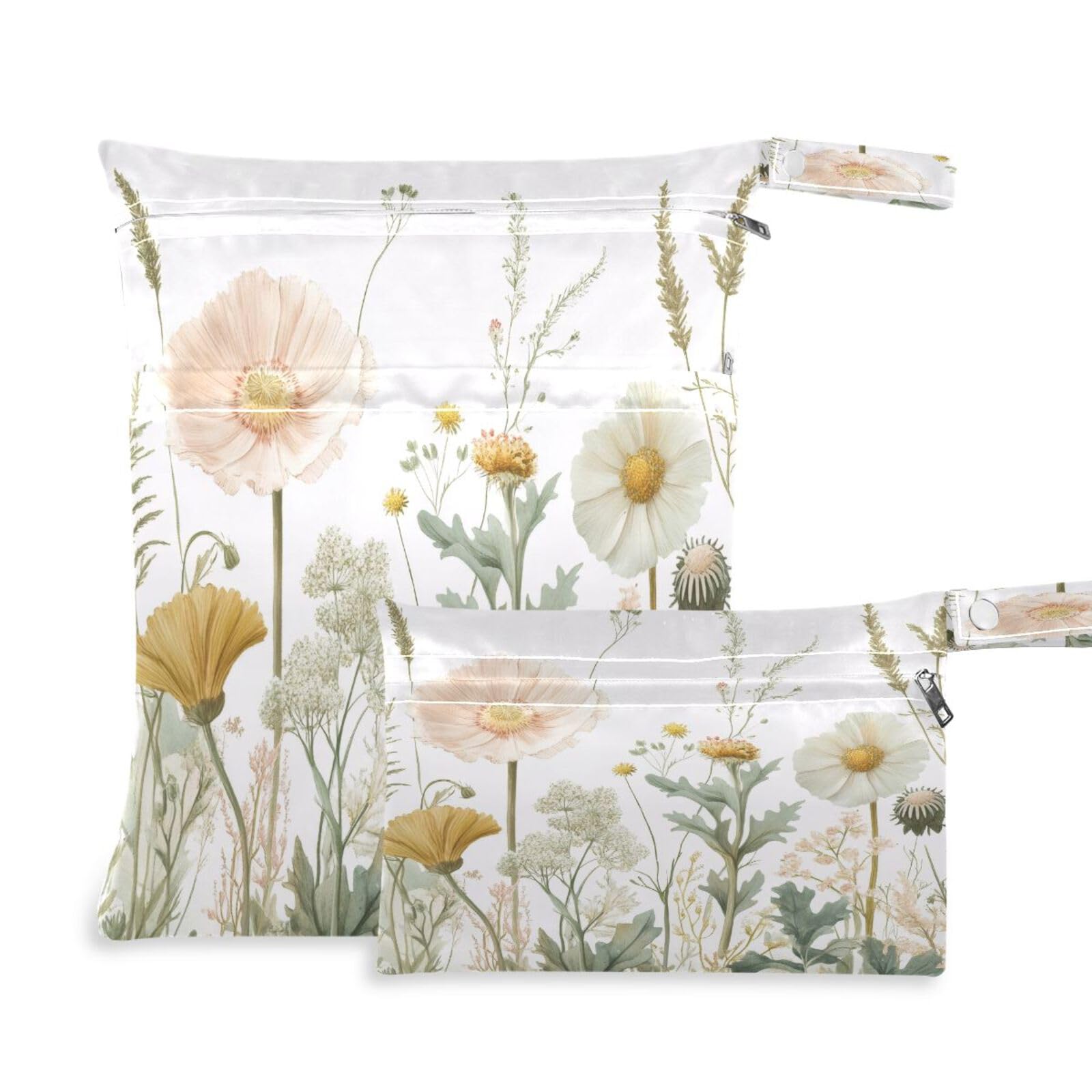 Takiito Wildflowers 2 Pcs Wet Dry Bags for Cloth Diapers, Waterproof & Reusable Wet Bag for Nursery Beach Pool Gym with Two Zippered Pockets