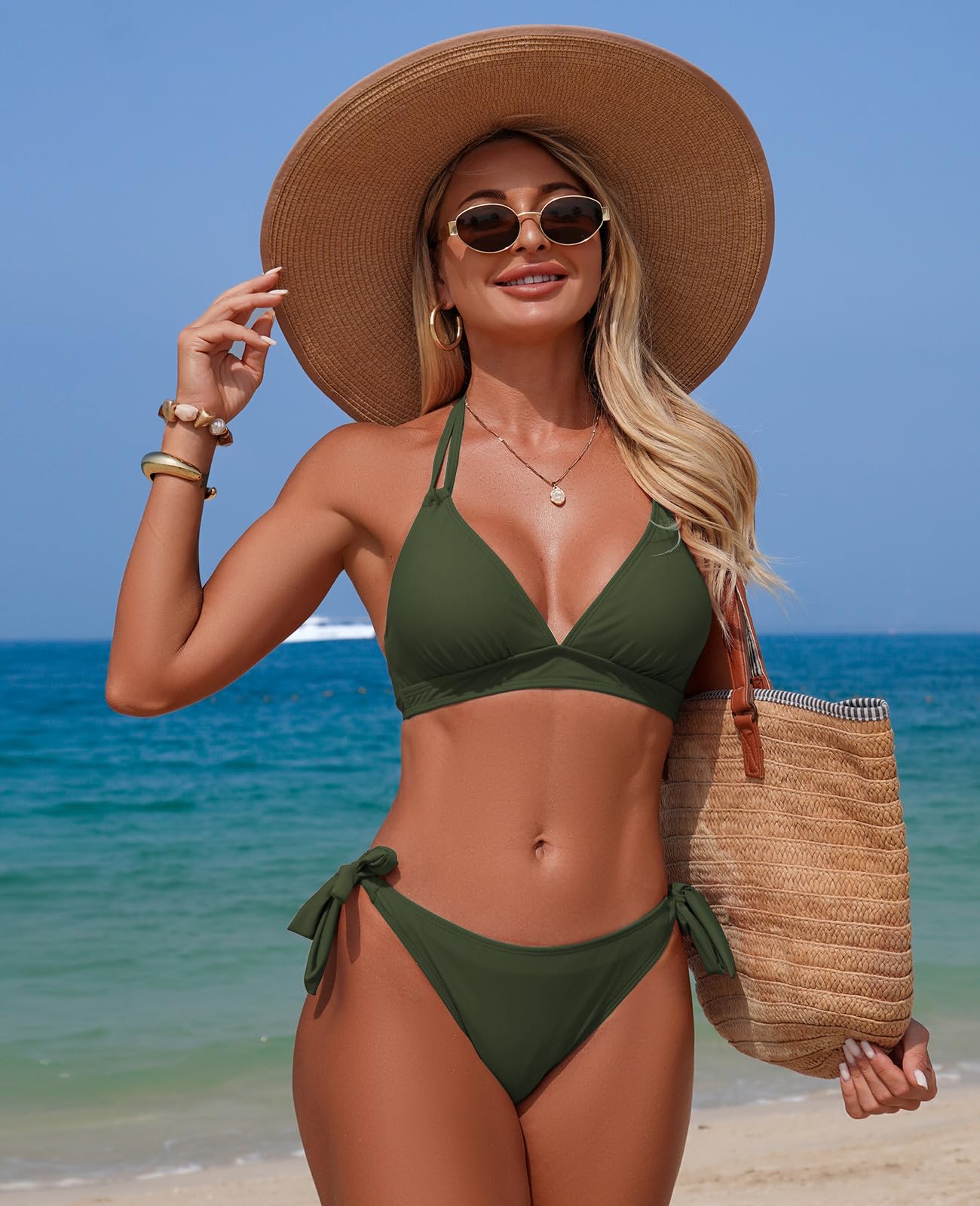 Genfien Mujer Bikini Traje de Baño 2 Piezas Cuello en V Push Up con Triángulo Halter
