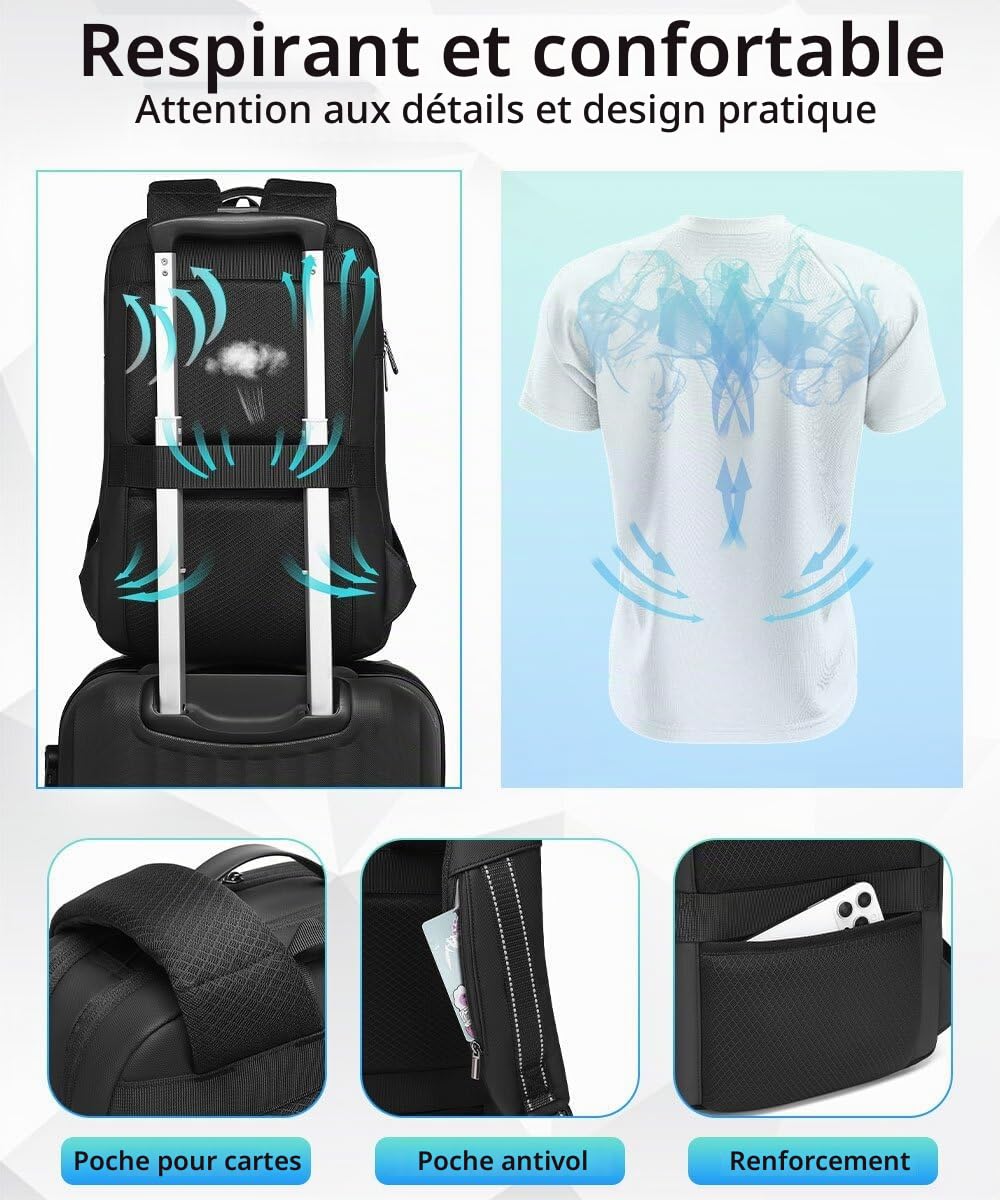 Sac à Dos pour Ordinateur Portable 15,6" pour Homme avec Port de Charge USB Étanche Professionnel Noir
