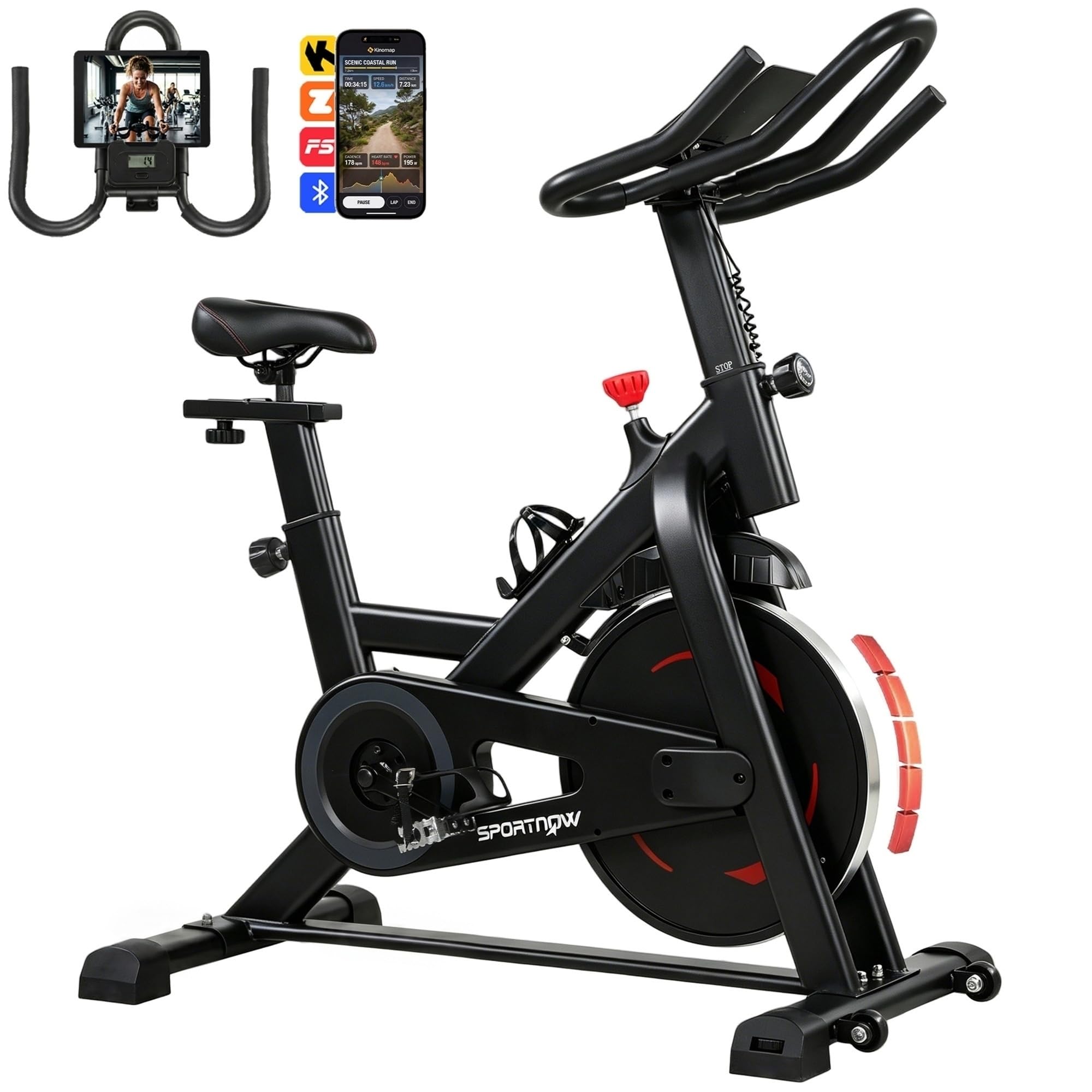 SPORTNOW Vélo d'Appartement Résistance Réglable APP Bluetooth LCD Noir