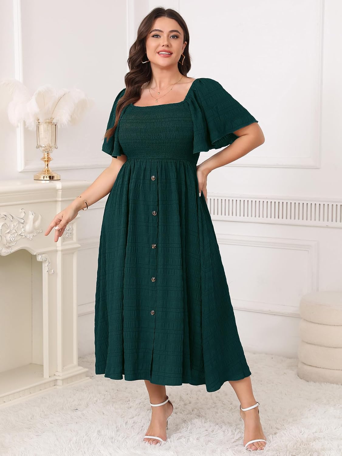 Plus Size Casual Maxi Boho Dress for Curvy Women Short Sleeve Square Neck Smocked Summer Beach Dresses Button Down - Image 3