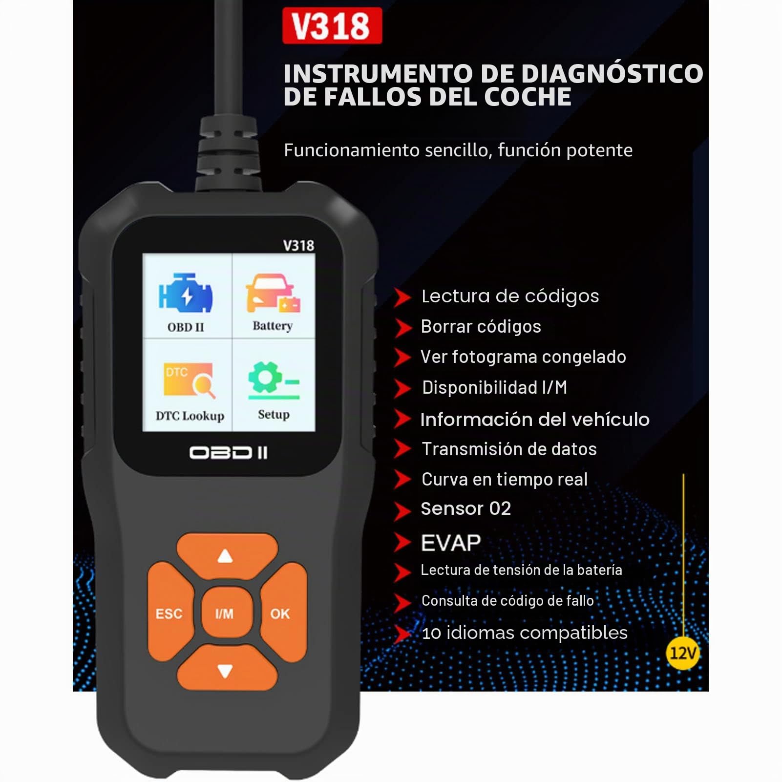 Escáner OBD2, Pantalla Color 1.8 Pulgadas y 10 Idiomas Compatibles, Herramienta Diagnóstico Automotriz Avanzada for Mecánicos Profesionales, Talleres y Aficionados al Mantenimiento Vehicular