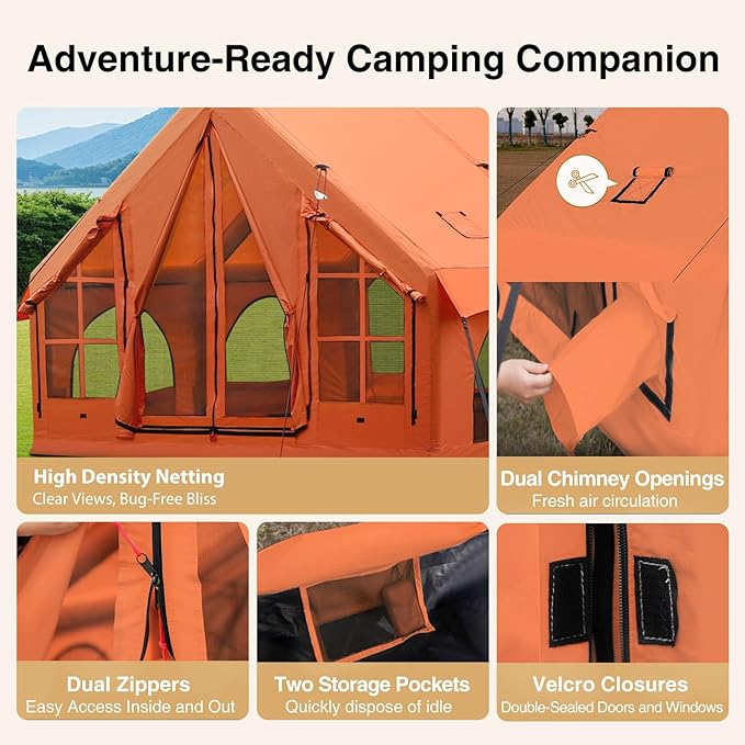 2025 Upgraded 100% Waterproof Inflatable Camping Tent, Large Blow-Up Air Tent, No Assembly Needed Luxury Glamping House, Oxford Fabric