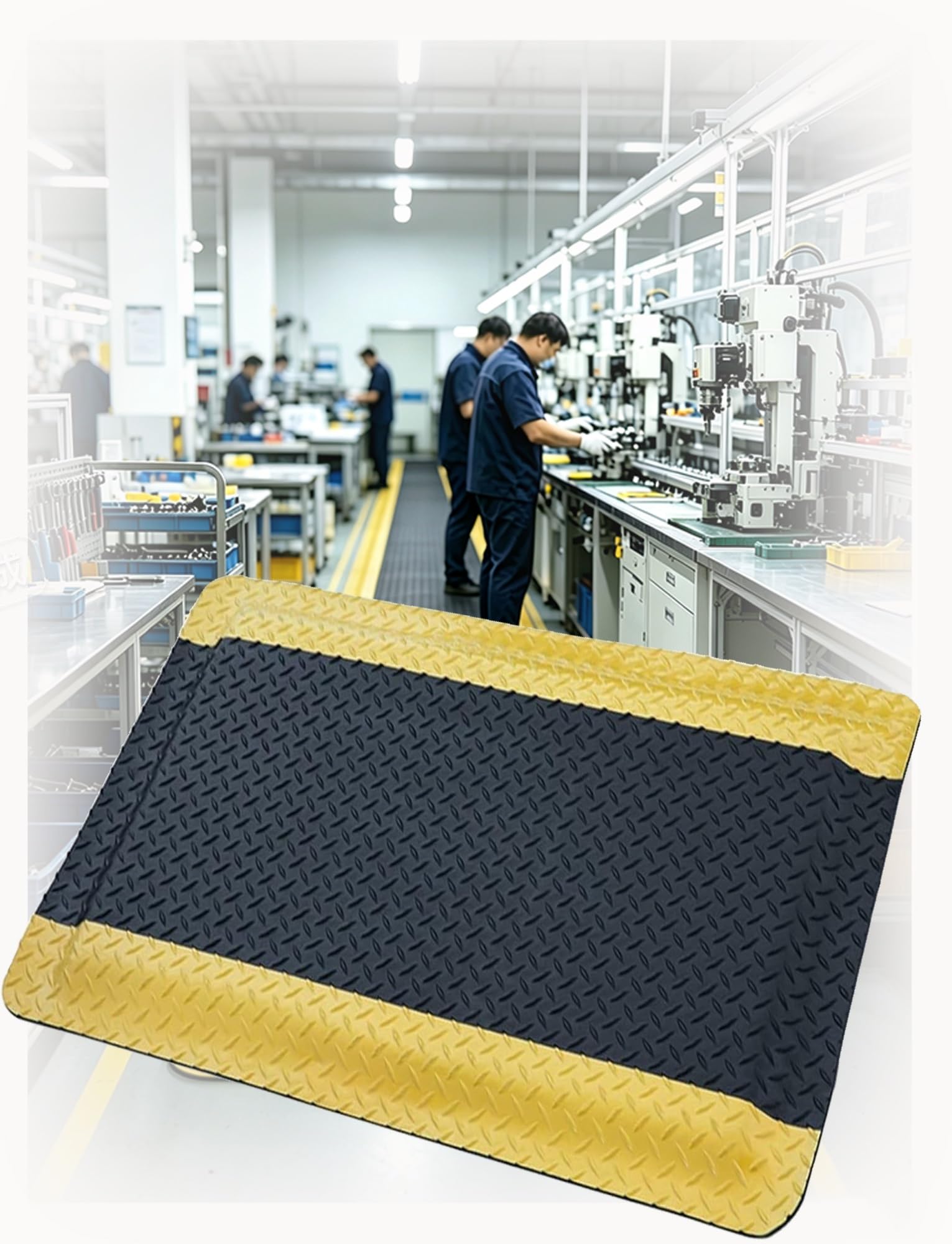 Alfombra Antifatiga para Estaciones de Trabajo, 2cm de Grosor | Espuma acolchada con borde amarillo visible para mayor comodidad en jornadas largas(Black-Yellow,70x60cm)