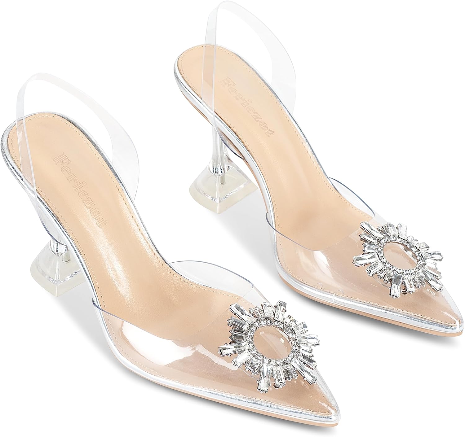 Fericzot Women's Clear Heels Shoes,Slingback Crystal Rhinestones Wedding Pointed Toe Shoes High Heel Sandals - Image 6