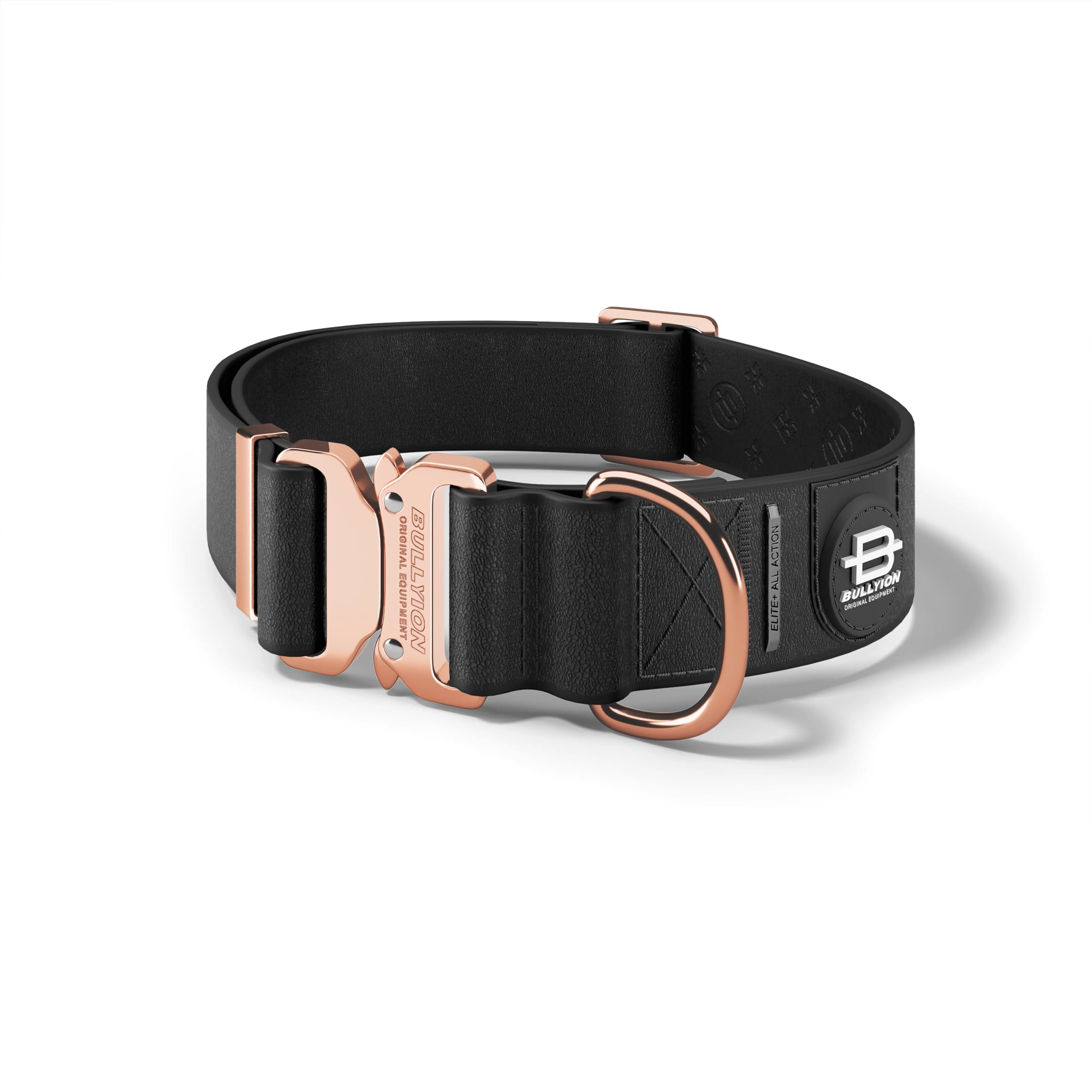 Bullyion ® Original Equipment Elite+ All Action Collar Waterproof Marine Grade Leatherette Collar - Lockforce Metal Buckle, For Small To Large Dogs - Black with Quartz Rose Gold Buckle (4CM) Medium