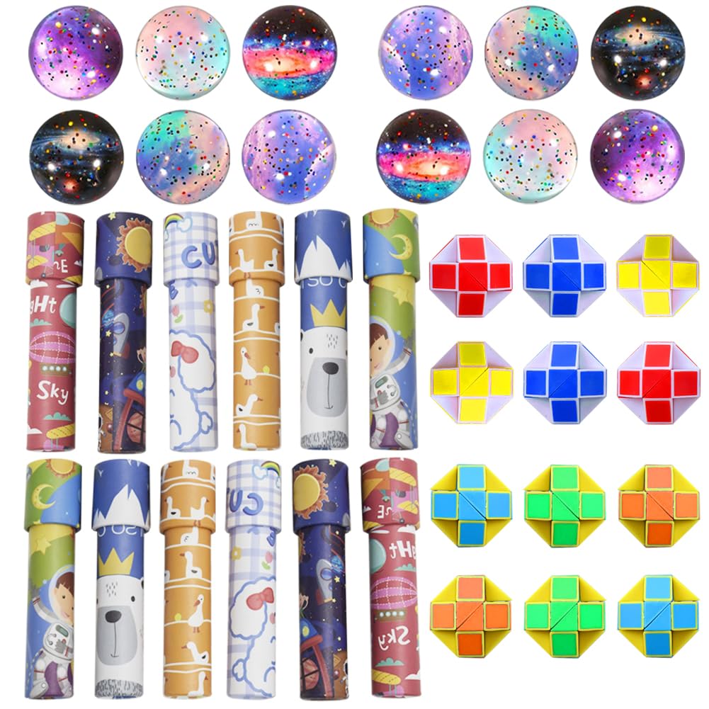 Cadeaux de Fête d'Anniversaire pour Enfants, 36 Pièces Set, 12 Kaléidoscopes pour Enfants, 12 Balles Thème Espace, 12 Serpents Magiques en Cube, Cadeaux d'Enfants pour Anniversaire, Noël et Fêtes
