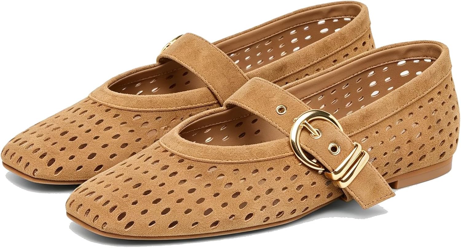 SOVANYOU Suede Mary Jane Flats for Women Perforated Round Toe Ballet Flats with Double Buckle Strap Breathable Mesh Ballerina Shoes
