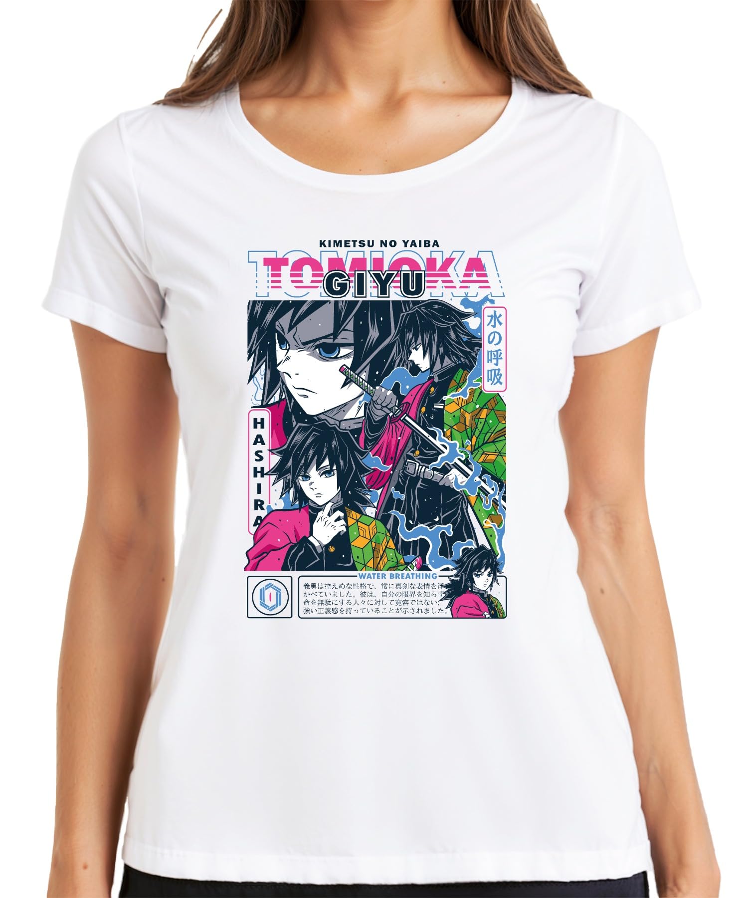 Printera Women's White Giyu Tomioka Kimetsu No Yaiba Water Breathing Sword Hashira T-Shirt, M